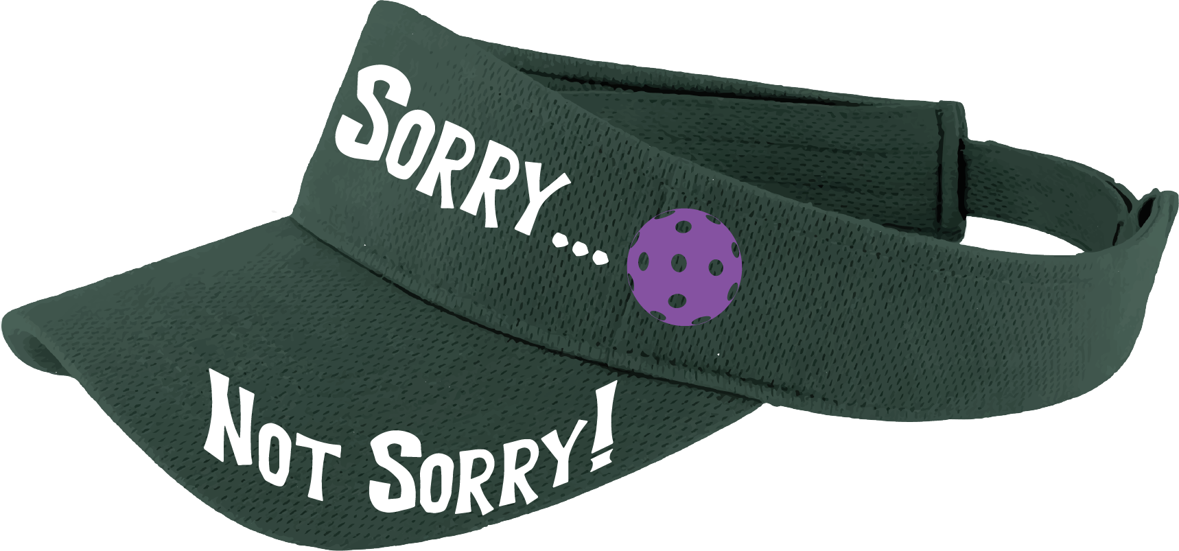 Pcikleball Visor Design: Sorry...Not Sorry!!!  Customizable Ball Color in eight colors  This fun pickleball visor is the perfect accessory for all pickleball players needing to keep their focus on the game and not the sun. The moisture-wicking material is made of 100% polyester with closed-hole flat back mesh and PosiCharge Technology. The back closure is a hook and loop style made to adjust to every adult.