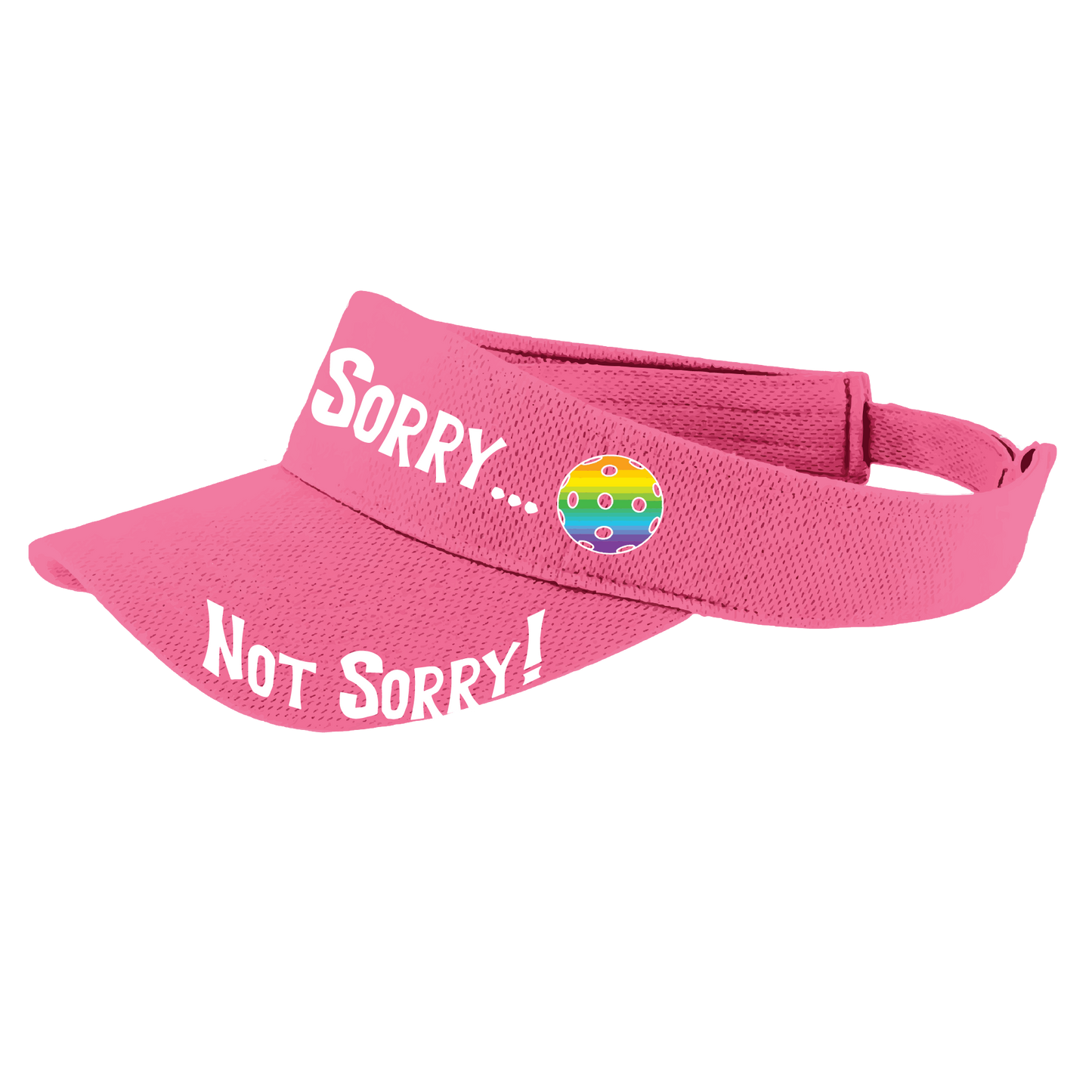 Pcikleball Visor Design: Sorry...Not Sorry!!!  Customizable Ball Color in eight colors  This fun pickleball visor is the perfect accessory for all pickleball players needing to keep their focus on the game and not the sun. The moisture-wicking material is made of 100% polyester with closed-hole flat back mesh and PosiCharge Technology. The back closure is a hook and loop style made to adjust to every adult.