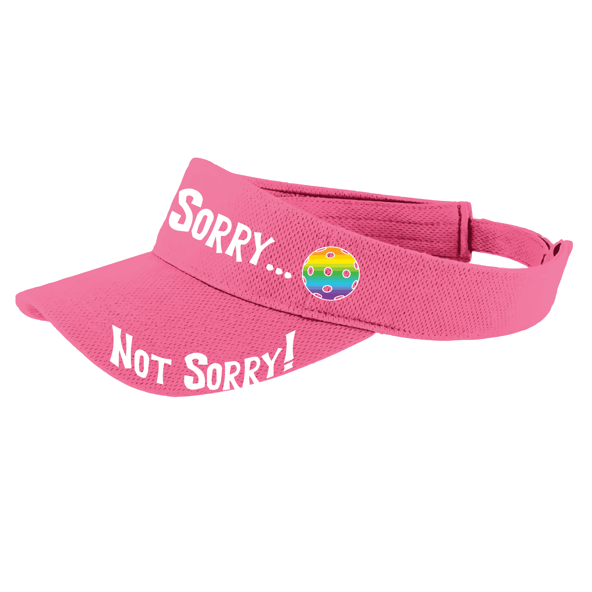 Pcikleball Visor Design: Sorry...Not Sorry!!!  Customizable Ball Color in eight colors  This fun pickleball visor is the perfect accessory for all pickleball players needing to keep their focus on the game and not the sun. The moisture-wicking material is made of 100% polyester with closed-hole flat back mesh and PosiCharge Technology. The back closure is a hook and loop style made to adjust to every adult.