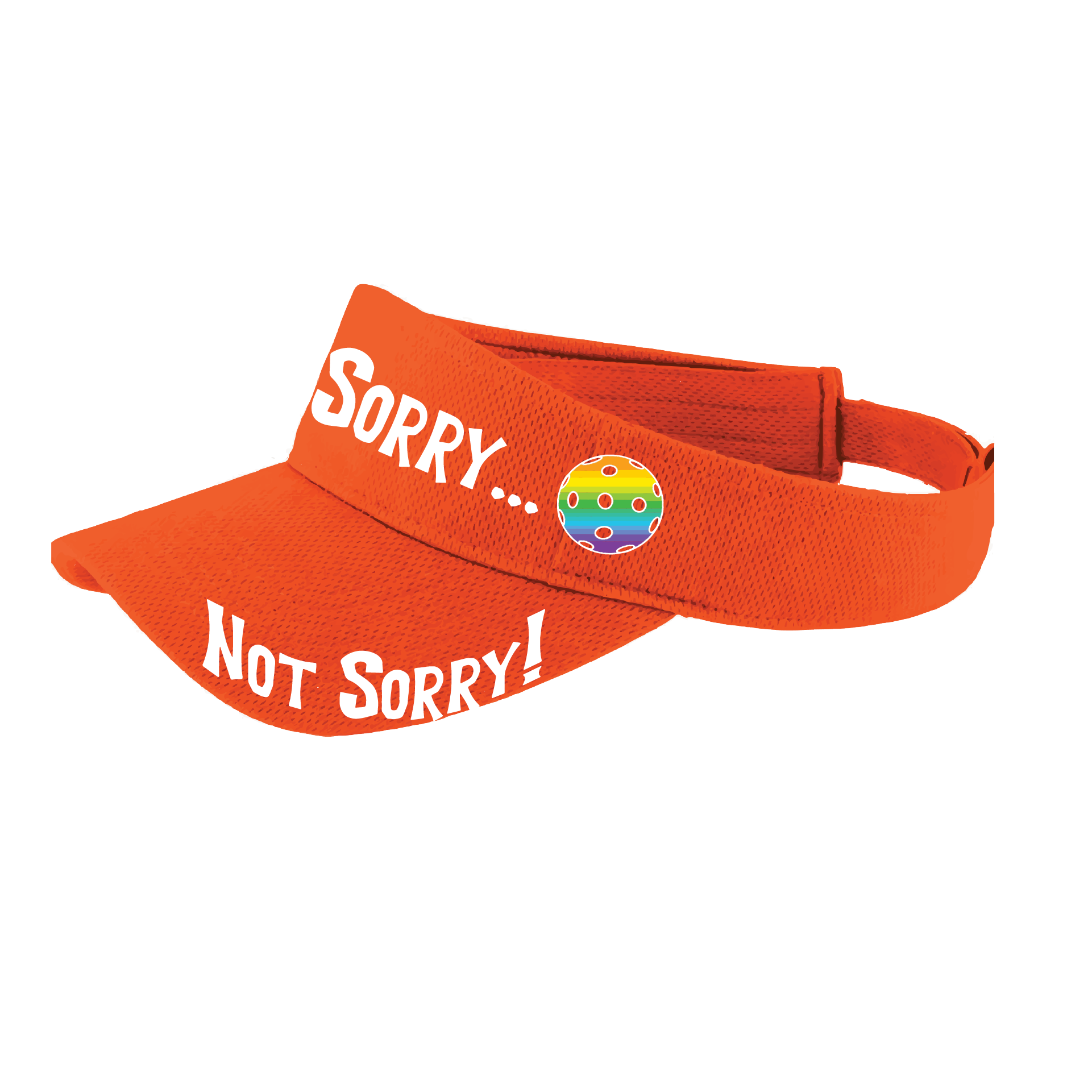 Pcikleball Visor Design: Sorry...Not Sorry!!!  Customizable Ball Color in eight colors  This fun pickleball visor is the perfect accessory for all pickleball players needing to keep their focus on the game and not the sun. The moisture-wicking material is made of 100% polyester with closed-hole flat back mesh and PosiCharge Technology. The back closure is a hook and loop style made to adjust to every adult.