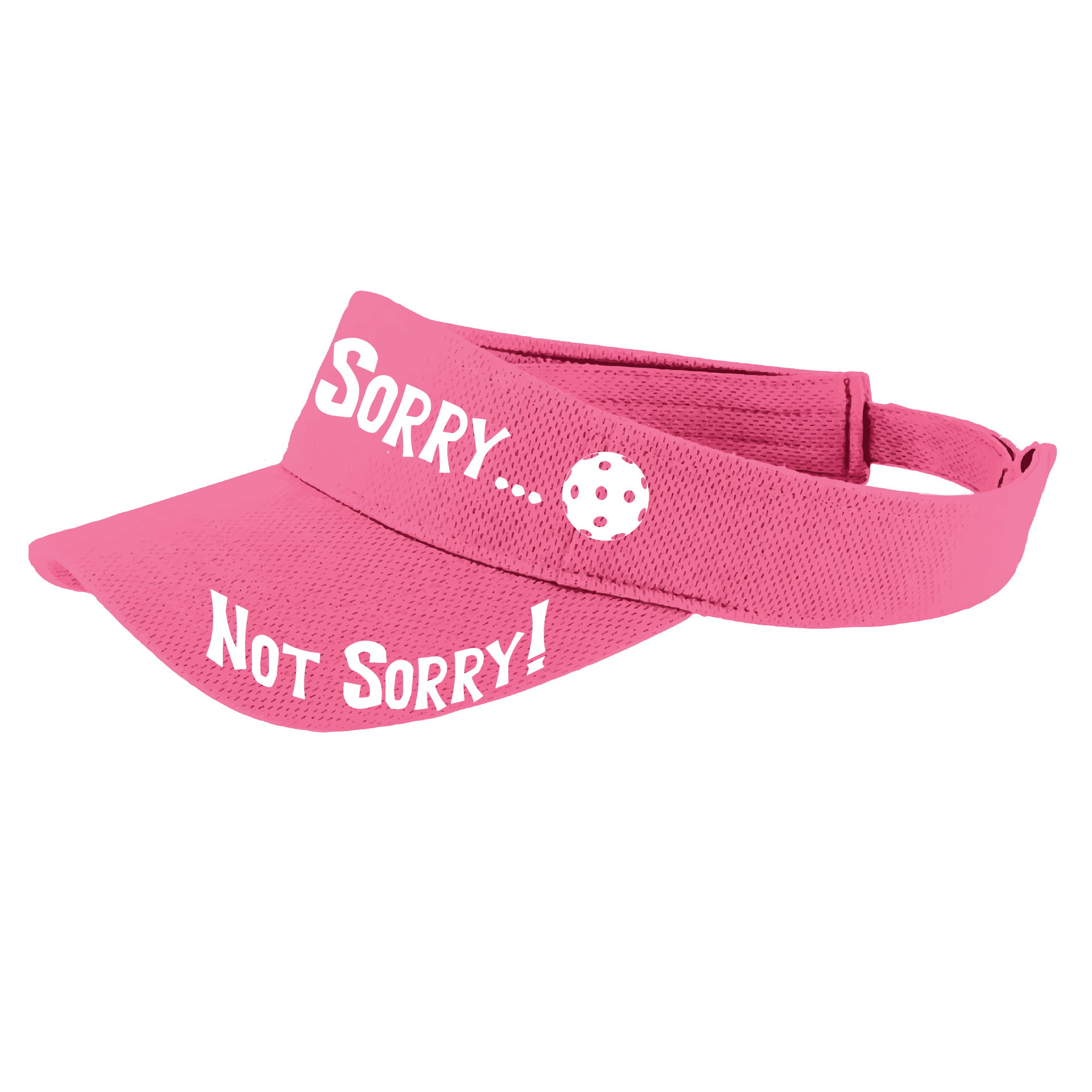 Pcikleball Visor Design: Sorry...Not Sorry!!!  Customizable Ball Color in eight colors  This fun pickleball visor is the perfect accessory for all pickleball players needing to keep their focus on the game and not the sun. The moisture-wicking material is made of 100% polyester with closed-hole flat back mesh and PosiCharge Technology. The back closure is a hook and loop style made to adjust to every adult.