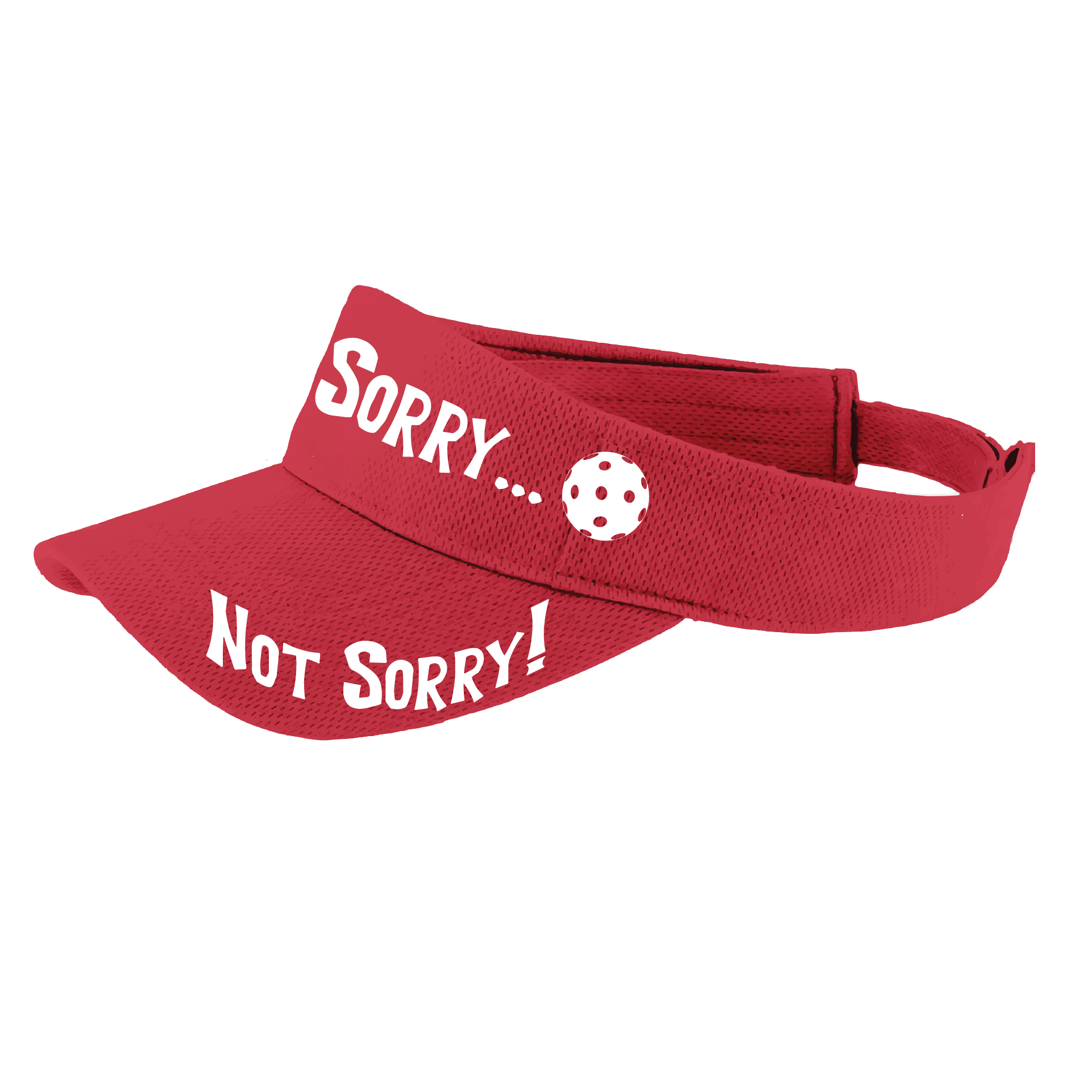 Pcikleball Visor Design: Sorry...Not Sorry!!!  Customizable Ball Color in eight colors  This fun pickleball visor is the perfect accessory for all pickleball players needing to keep their focus on the game and not the sun. The moisture-wicking material is made of 100% polyester with closed-hole flat back mesh and PosiCharge Technology. The back closure is a hook and loop style made to adjust to every adult.