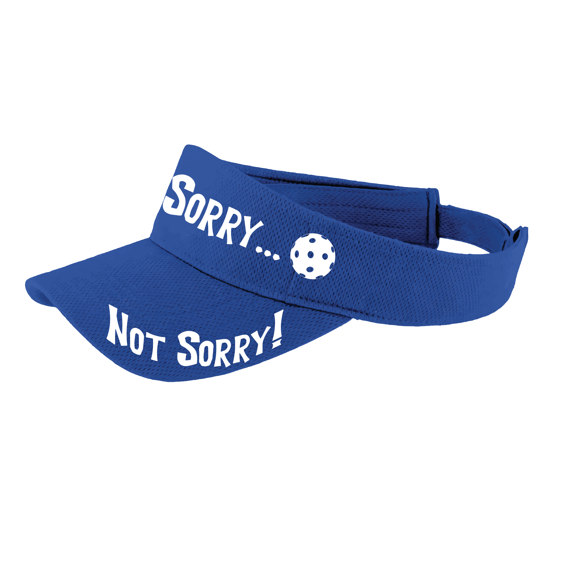 Pcikleball Visor Design: Sorry...Not Sorry!!!  Customizable Ball Color in eight colors  This fun pickleball visor is the perfect accessory for all pickleball players needing to keep their focus on the game and not the sun. The moisture-wicking material is made of 100% polyester with closed-hole flat back mesh and PosiCharge Technology. The back closure is a hook and loop style made to adjust to every adult.