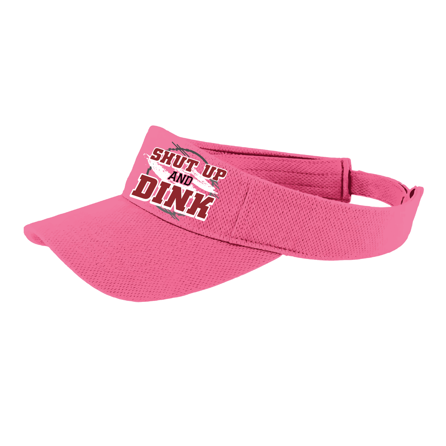 Pickleball Visor Design: Shut Up and Dink  This fun pickleball visor is the perfect accessory for all pickleball players needing to keep their focus on the game and not the sun. The moisture-wicking material is made of 100% polyester with closed-hole flat back mesh and PosiCharge Technology. The back closure is a hook and loop style made to adjust to every adult.