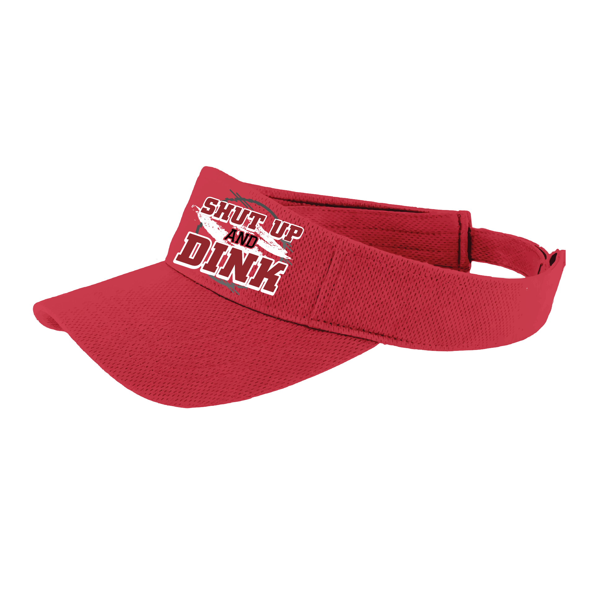 Pickleball Visor Design: Shut Up and Dink  This fun pickleball visor is the perfect accessory for all pickleball players needing to keep their focus on the game and not the sun. The moisture-wicking material is made of 100% polyester with closed-hole flat back mesh and PosiCharge Technology. The back closure is a hook and loop style made to adjust to every adult.