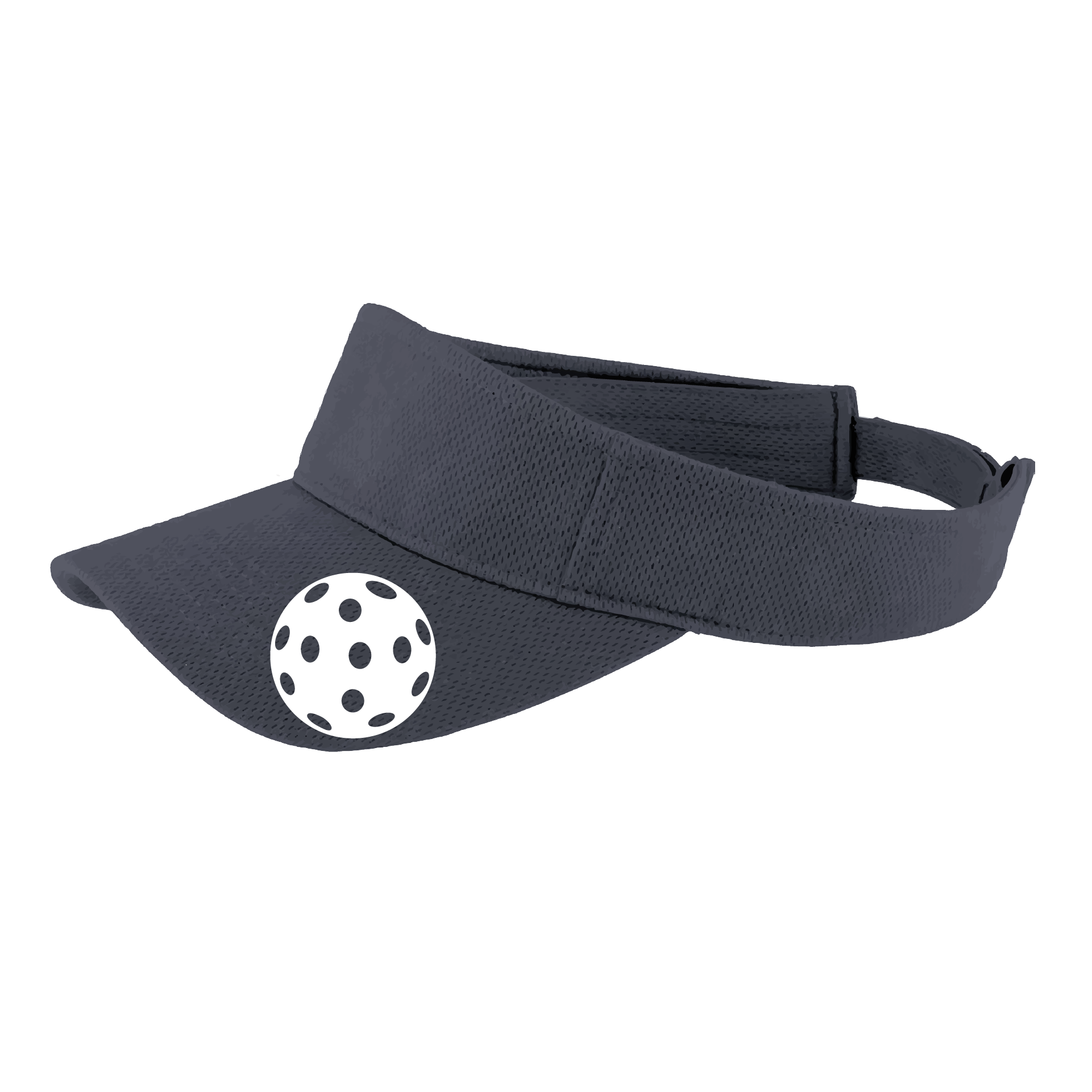 Pickleball Visor Design: White Ball  This fun pickleball visor is the perfect accessory for all pickleball players needing to keep their focus on the game and not the sun. The moisture-wicking material is made of 100% polyester with closed-hole flat back mesh and PosiCharge Technology. The back closure is a hook and loop style made to adjust to every adult.