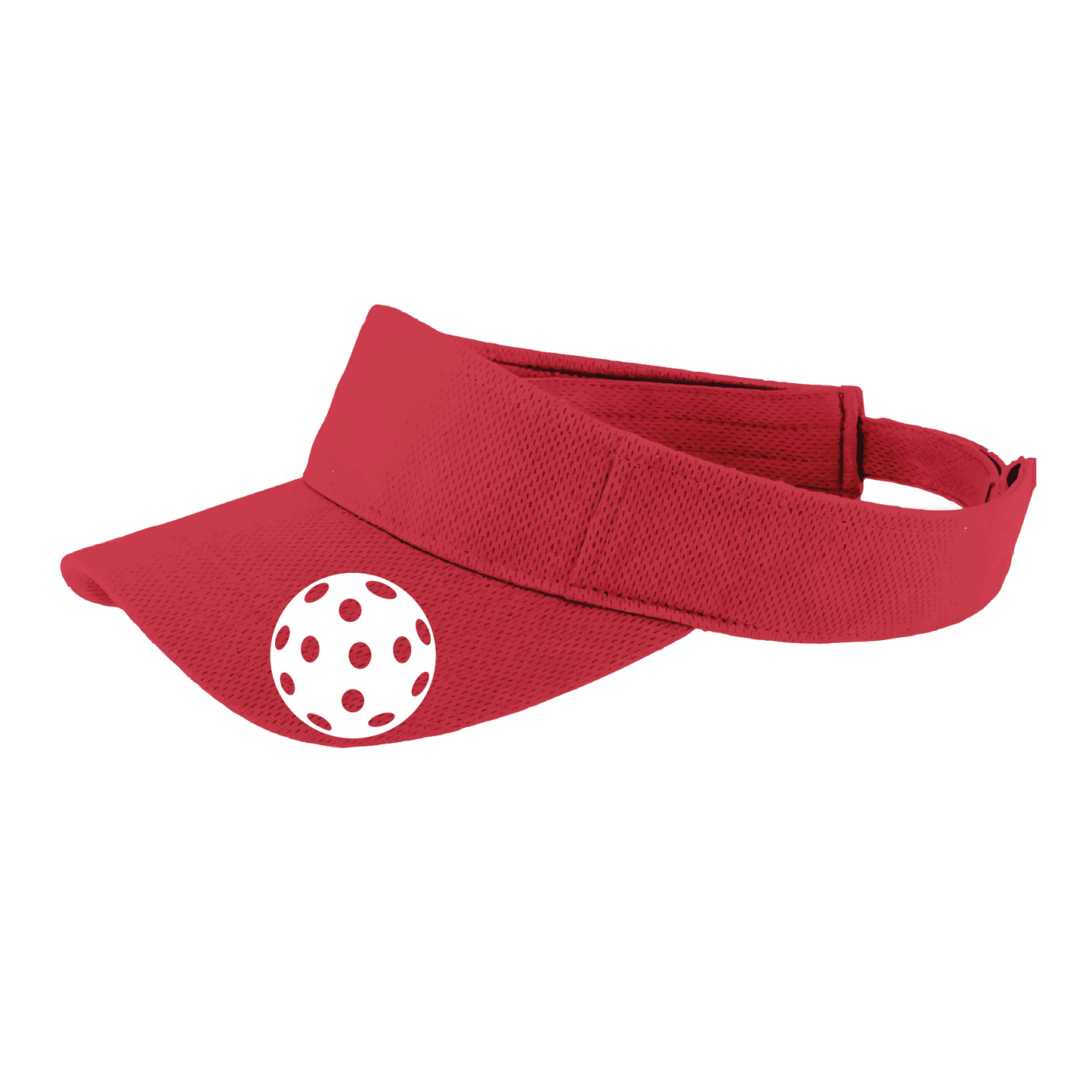 Pickleball Visor Design: White Ball  This fun pickleball visor is the perfect accessory for all pickleball players needing to keep their focus on the game and not the sun. The moisture-wicking material is made of 100% polyester with closed-hole flat back mesh and PosiCharge Technology. The back closure is a hook and loop style made to adjust to every adult.