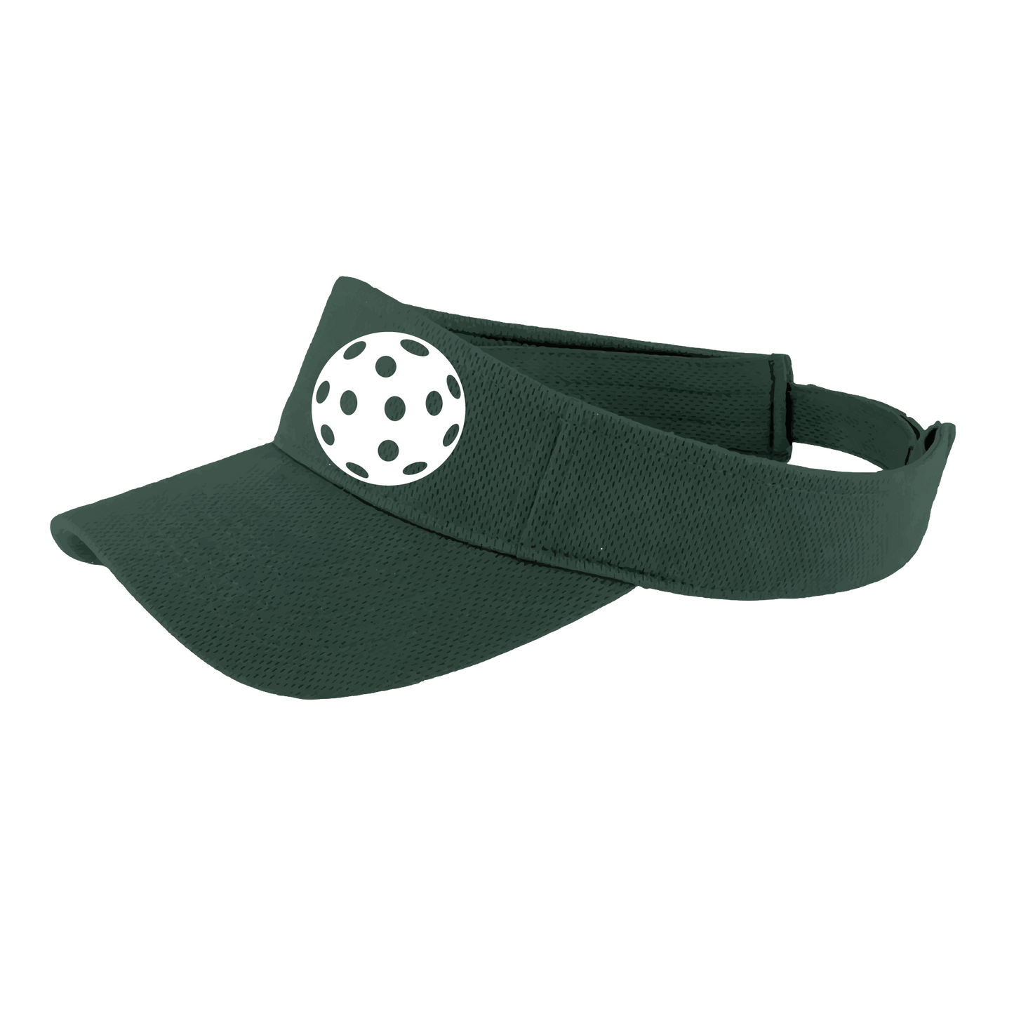 Pickleball Visor Design: White Ball  This fun pickleball visor is the perfect accessory for all pickleball players needing to keep their focus on the game and not the sun. The moisture-wicking material is made of 100% polyester with closed-hole flat back mesh and PosiCharge Technology. The back closure is a hook and loop style made to adjust to every adult.