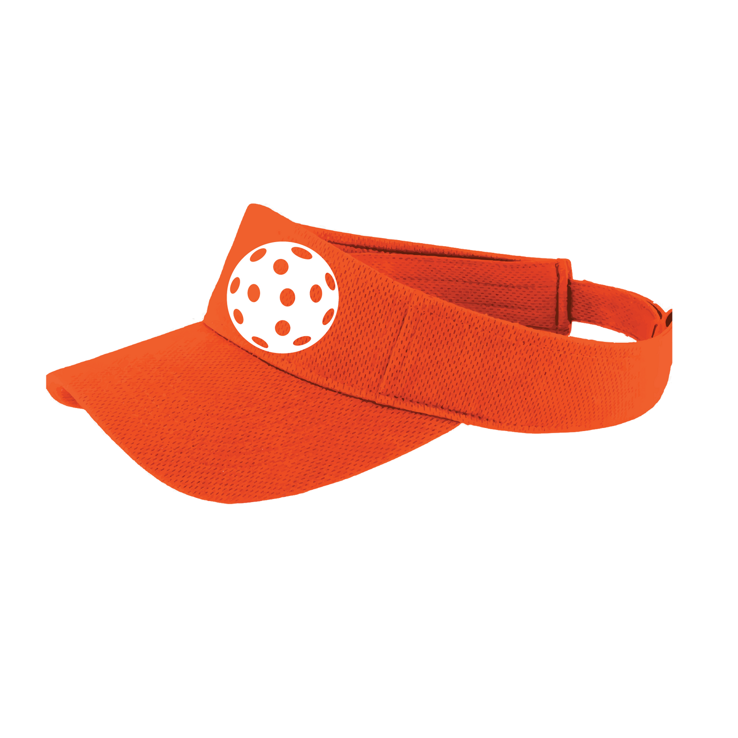 Pickleball Visor Design: White Ball  This fun pickleball visor is the perfect accessory for all pickleball players needing to keep their focus on the game and not the sun. The moisture-wicking material is made of 100% polyester with closed-hole flat back mesh and PosiCharge Technology. The back closure is a hook and loop style made to adjust to every adult.