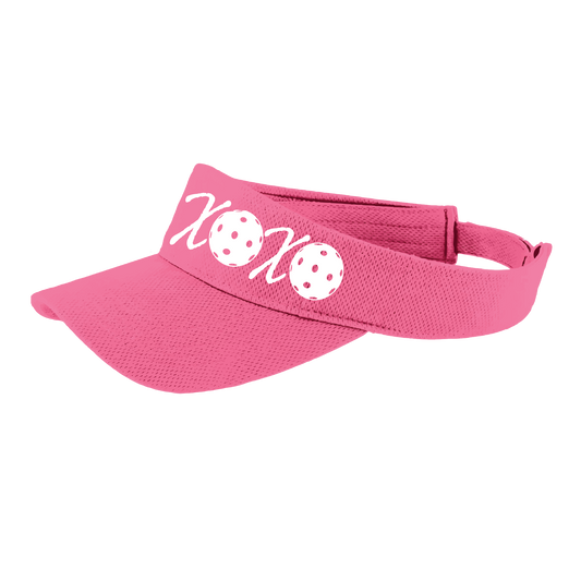 Pickleball Headband Design: XOXO  This fun pickleball visor is the perfect accessory for all pickleball players needing to keep their focus on the game and not the sun. The moisture-wicking material is made of 100% polyester with closed-hole flat back mesh and PosiCharge Technology. The back closure is a hock and loop style made to adjust to every adult.