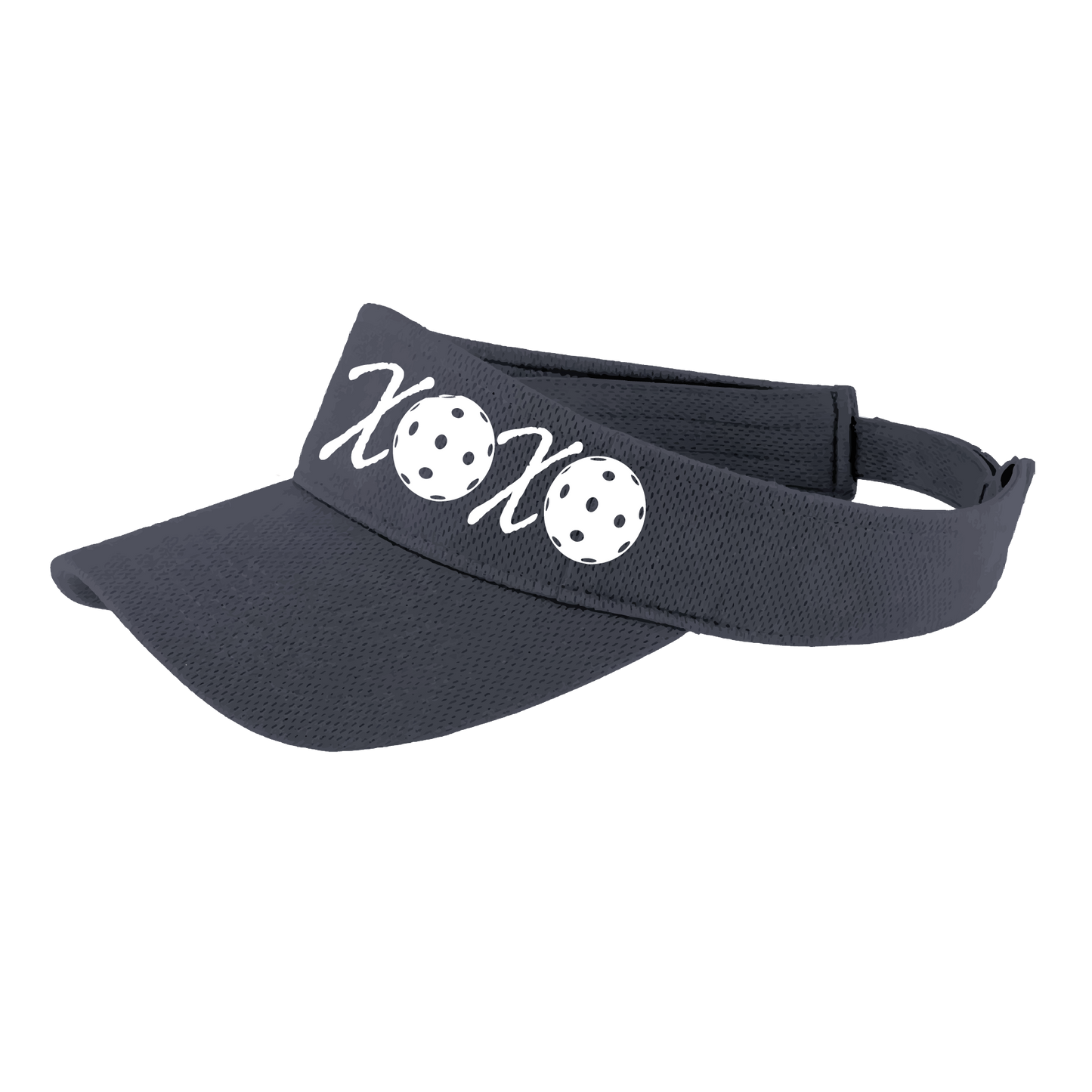 Pickleball Headband Design: XOXO  This fun pickleball visor is the perfect accessory for all pickleball players needing to keep their focus on the game and not the sun. The moisture-wicking material is made of 100% polyester with closed-hole flat back mesh and PosiCharge Technology. The back closure is a hock and loop style made to adjust to every adult.