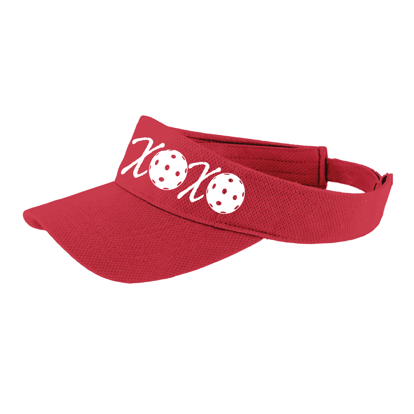 Pickleball Headband Design: XOXO  This fun pickleball visor is the perfect accessory for all pickleball players needing to keep their focus on the game and not the sun. The moisture-wicking material is made of 100% polyester with closed-hole flat back mesh and PosiCharge Technology. The back closure is a hock and loop style made to adjust to every adult.