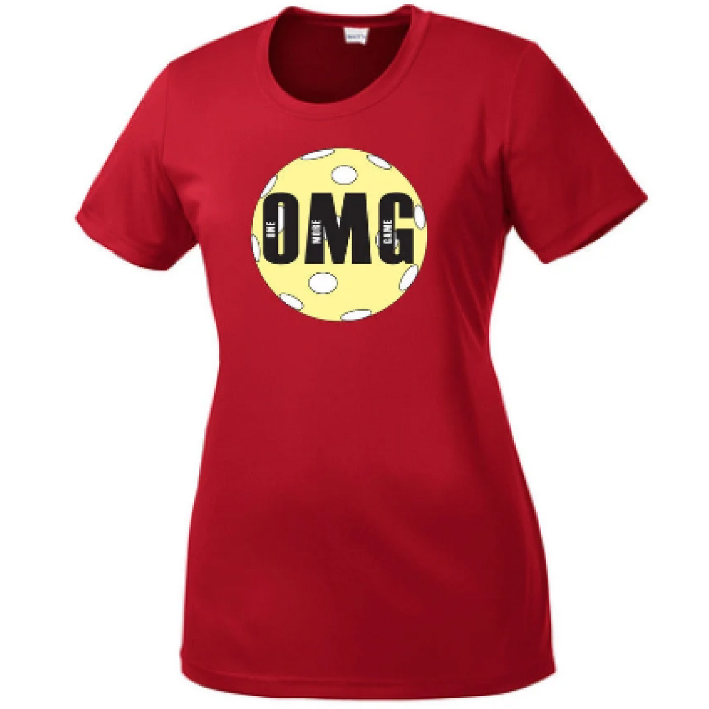 Pickleball Design: OMG (One More Game) - Women's Short Sleeve Shirts for Pickleball  Super fun pickleball shirt for women to wear when they are dominating on the courts!!  Lightweight, roomy and highly breathable, these moisture-wicking, value-priced tees feature PosiCharge technology to lock in color and prevent logos from fading.  Gently contoured silhouette.  Removable tag for comfort.