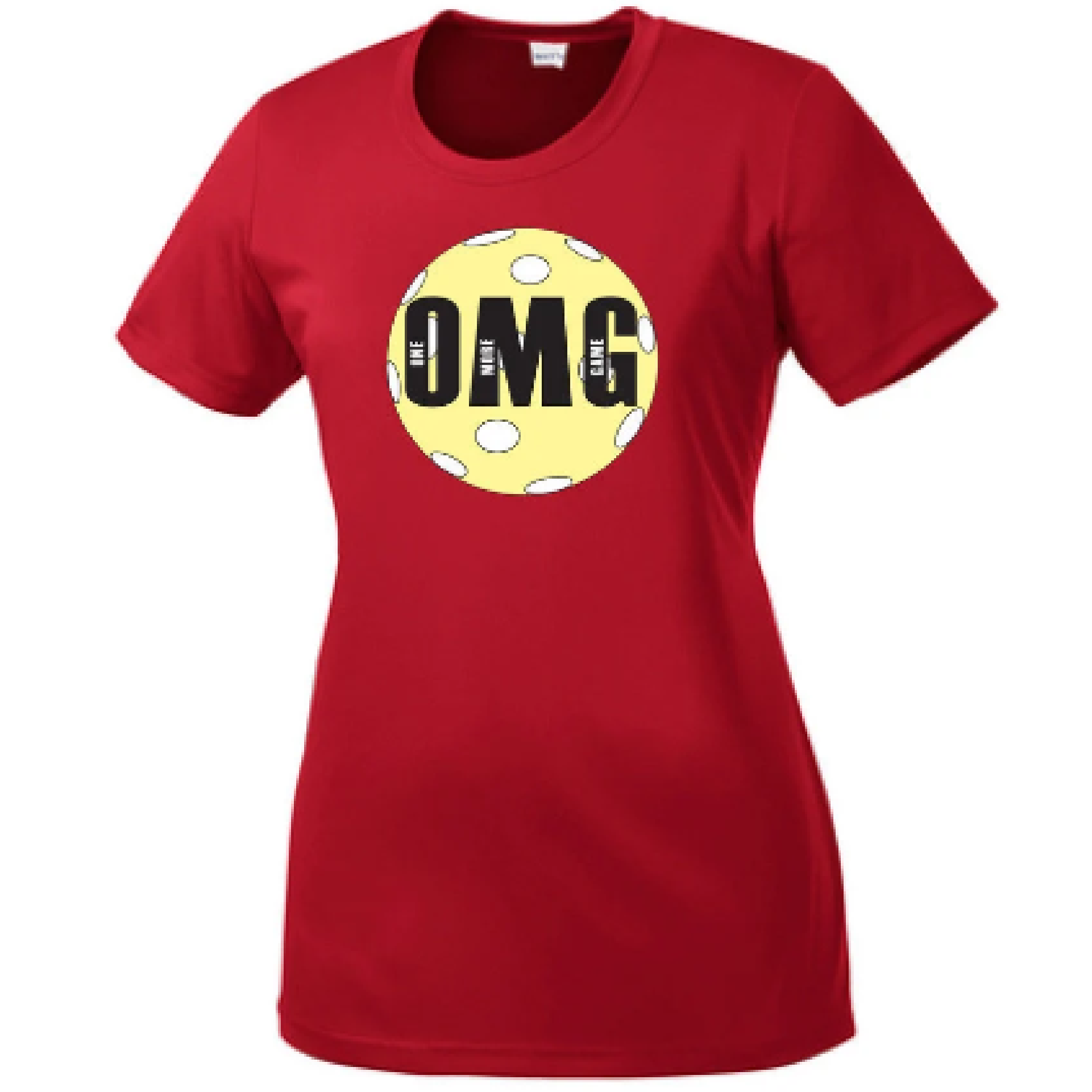 Pickleball Design: OMG (One More Game) - Women's Short Sleeve Shirts for Pickleball  Super fun pickleball shirt for women to wear when they are dominating on the courts!!  Lightweight, roomy and highly breathable, these moisture-wicking, value-priced tees feature PosiCharge technology to lock in color and prevent logos from fading.  Gently contoured silhouette.  Removable tag for comfort.