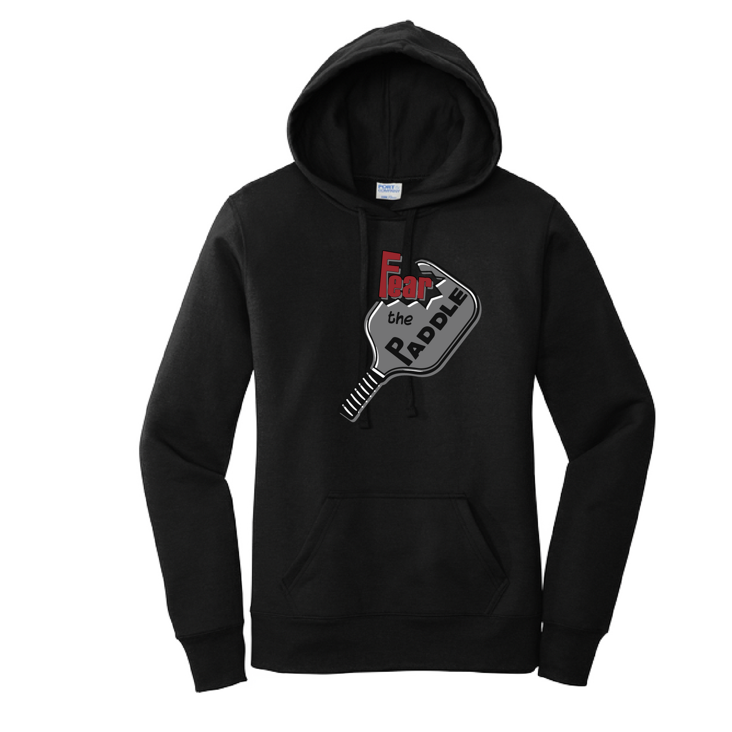 Pickleball Design: Fear the Paddle  Women's Hooded pullover Sweatshirt  Turn up the volume in this Women's Sweatshirts with its perfect mix of softness and attitude. Ultra soft lined inside with a lined hood also. This is fitted nicely for a women's figure. Front pouch pocket.