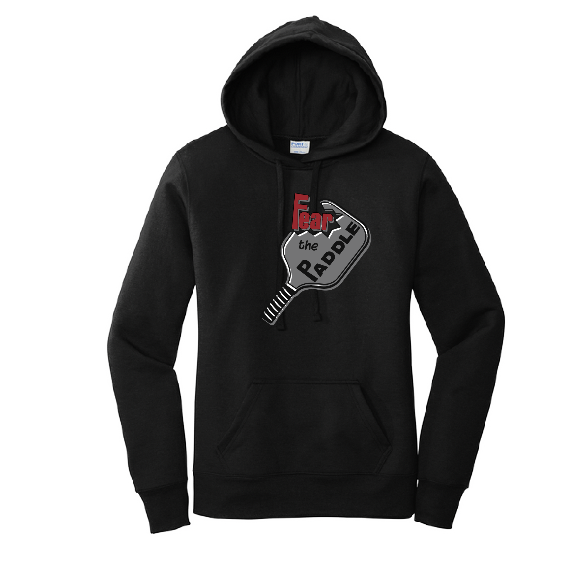 Pickleball Design: Fear the Paddle  Women's Hooded pullover Sweatshirt  Turn up the volume in this Women's Sweatshirts with its perfect mix of softness and attitude. Ultra soft lined inside with a lined hood also. This is fitted nicely for a women's figure. Front pouch pocket.