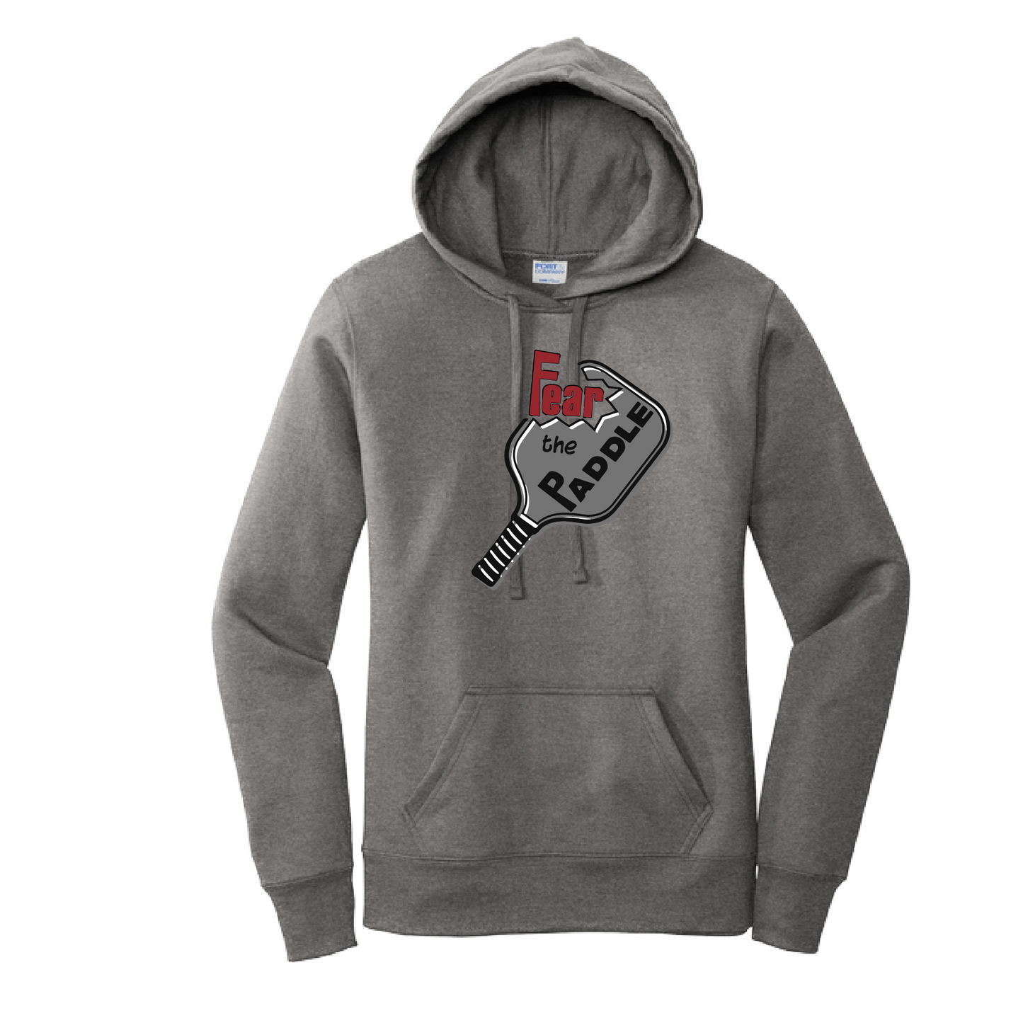 Pickleball Design: Fear the Paddle  Women's Hooded pullover Sweatshirt  Turn up the volume in this Women's Sweatshirts with its perfect mix of softness and attitude. Ultra soft lined inside with a lined hood also. This is fitted nicely for a women's figure. Front pouch pocket.