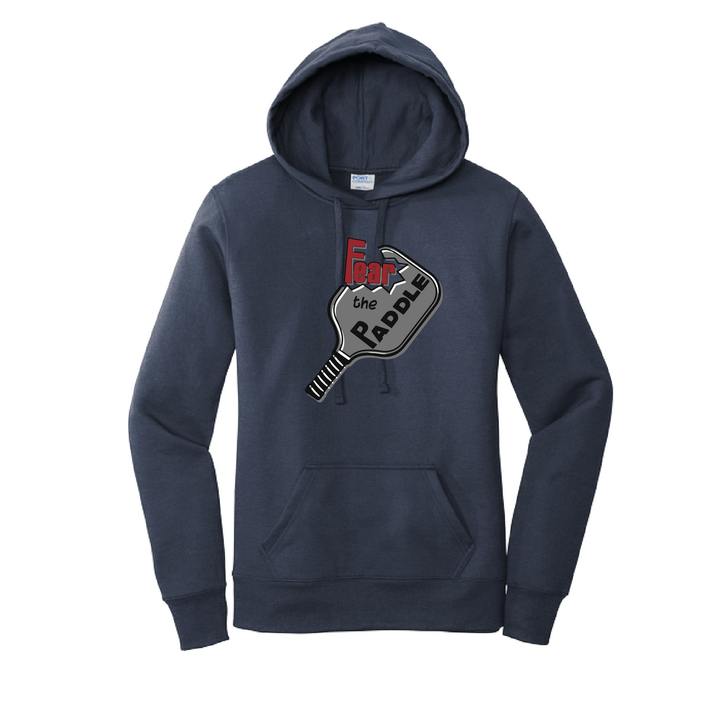 Pickleball Design: Fear the Paddle  Women's Hooded pullover Sweatshirt  Turn up the volume in this Women's Sweatshirts with its perfect mix of softness and attitude. Ultra soft lined inside with a lined hood also. This is fitted nicely for a women's figure. Front pouch pocket.