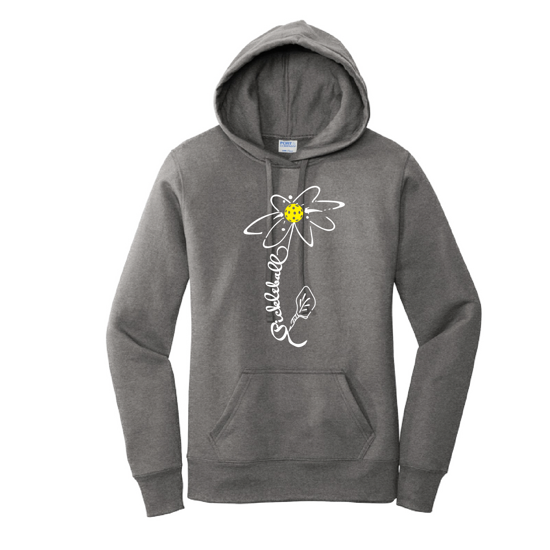 Pickleball Design: Pickleball Flower  Women's Hooded pullover Sweatshirt  Turn up the volume in this Women's Sweatshirts with its perfect mix of softness and attitude. Ultra soft lined inside with a lined hood also. This is fitted nicely for a women's figure. Front pouch pocket.