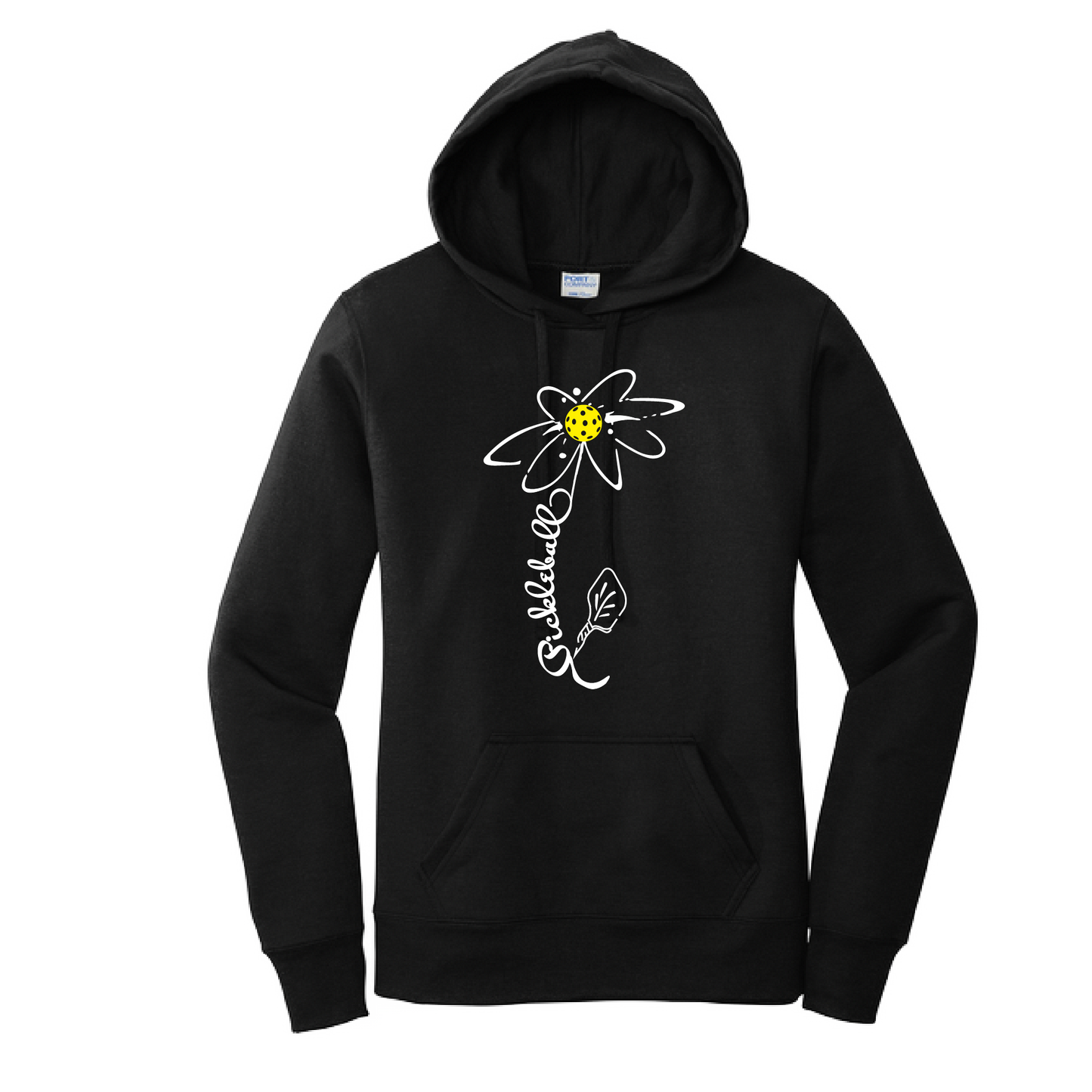 Pickleball Design: Pickleball Flower  Women's Hooded pullover Sweatshirt  Turn up the volume in this Women's Sweatshirts with its perfect mix of softness and attitude. Ultra soft lined inside with a lined hood also. This is fitted nicely for a women's figure. Front pouch pocket.