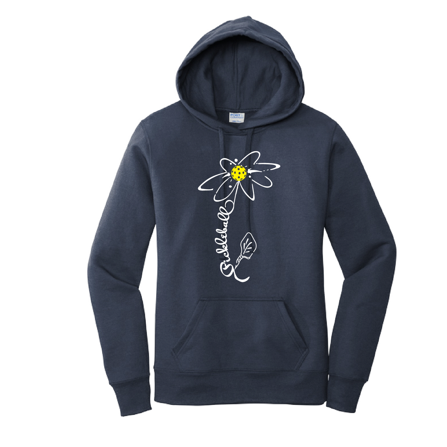Pickleball Design: Pickleball Flower  Women's Hooded pullover Sweatshirt  Turn up the volume in this Women's Sweatshirts with its perfect mix of softness and attitude. Ultra soft lined inside with a lined hood also. This is fitted nicely for a women's figure. Front pouch pocket.