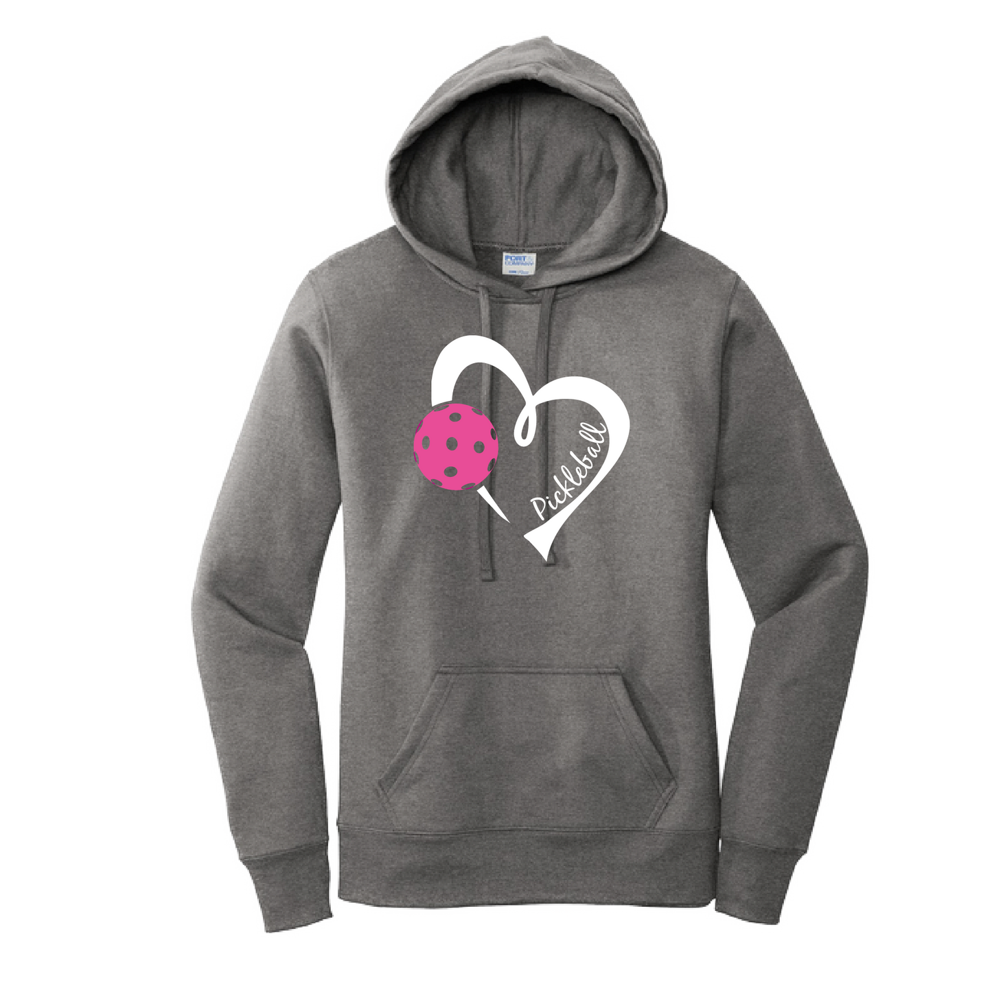 Pickleball Design: Heart with Pickleball  Women's Hooded pullover Sweatshirt  Turn up the volume in this Women's Sweatshirts with its perfect mix of softness and attitude. Ultra soft lined inside with a lined hood also. This is fitted nicely for a women's figure. Front pouch pocket.