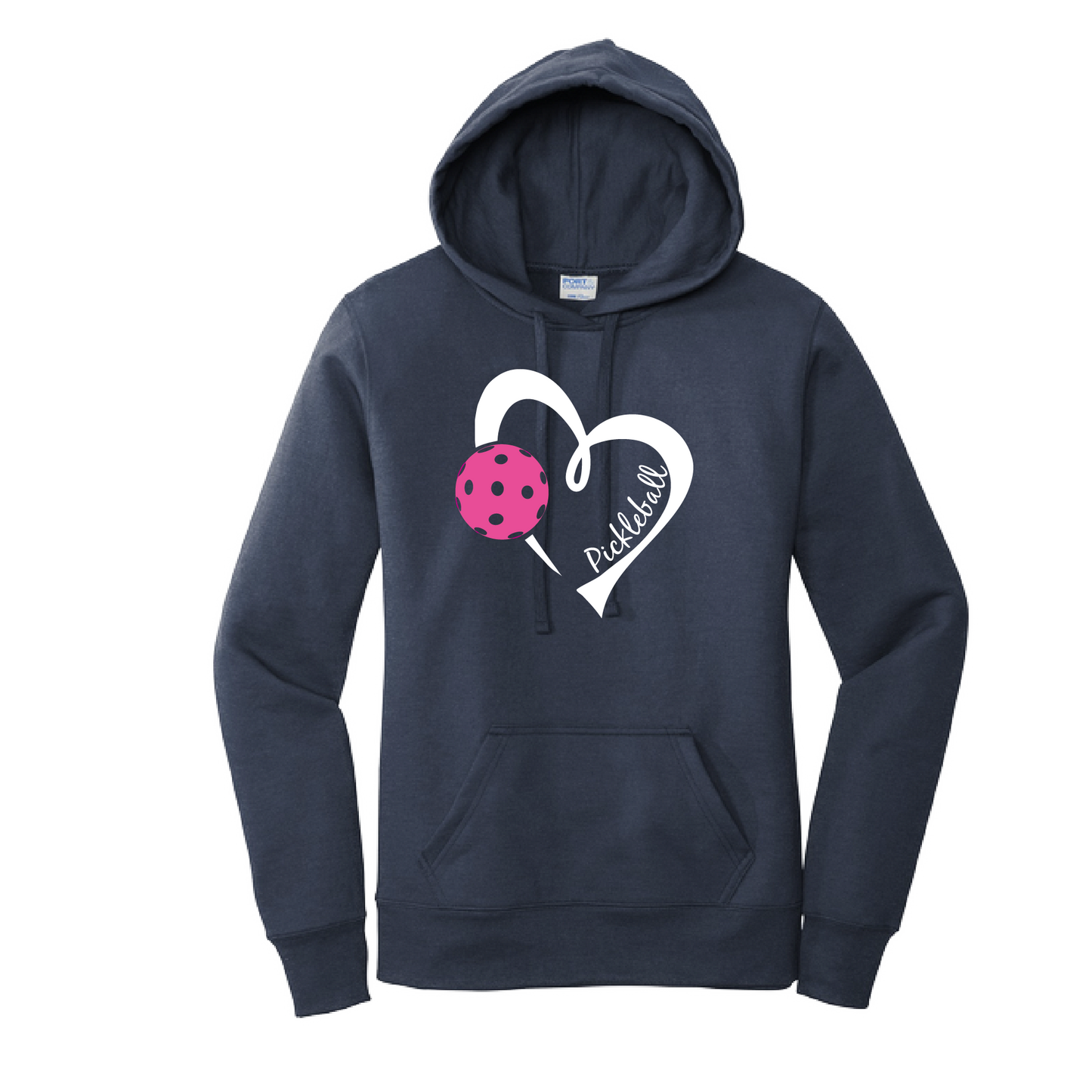 Pickleball Design: Heart with Pickleball  Women's Hooded pullover Sweatshirt  Turn up the volume in this Women's Sweatshirts with its perfect mix of softness and attitude. Ultra soft lined inside with a lined hood also. This is fitted nicely for a women's figure. Front pouch pocket.