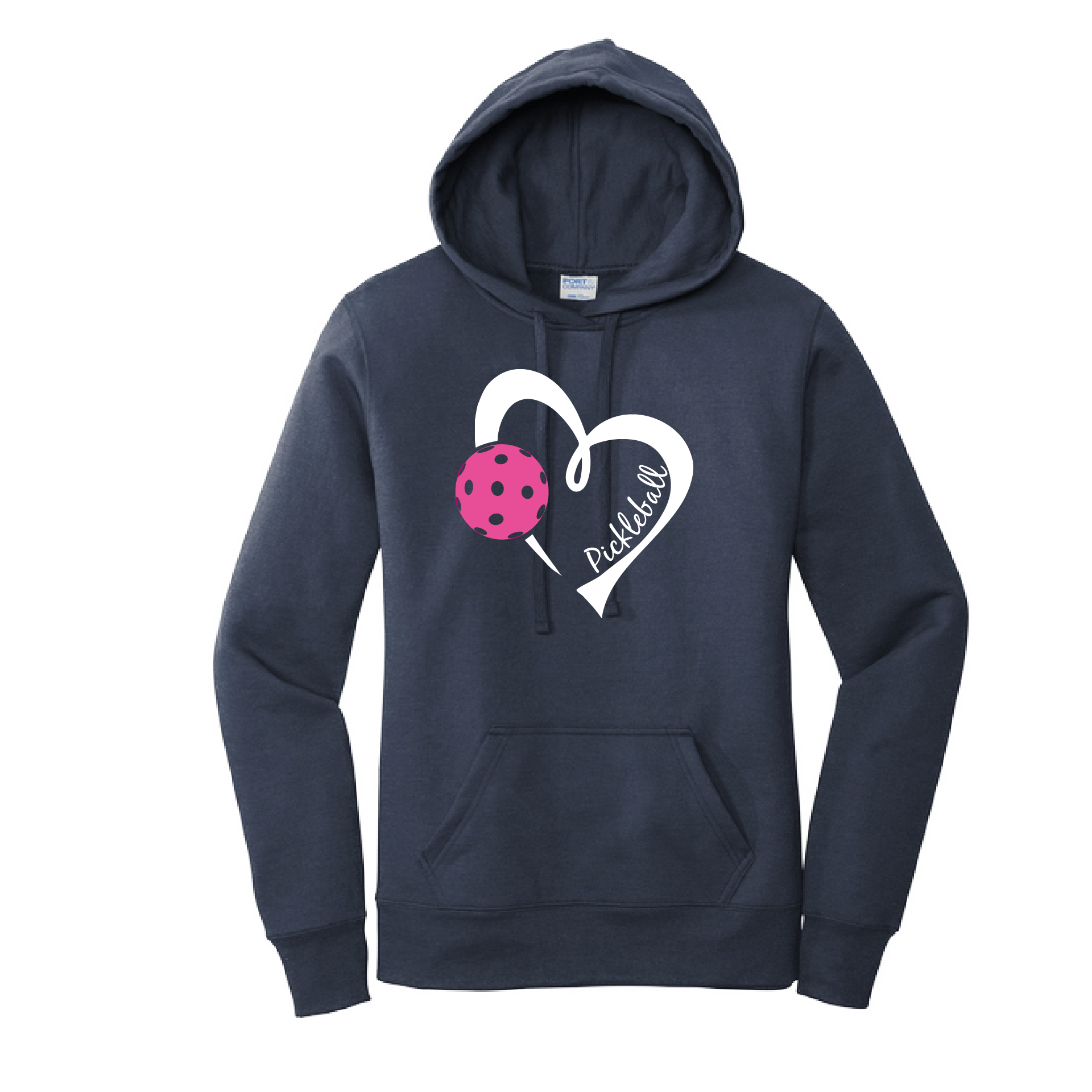 Pickleball Design: Heart with Pickleball  Women's Hooded pullover Sweatshirt  Turn up the volume in this Women's Sweatshirts with its perfect mix of softness and attitude. Ultra soft lined inside with a lined hood also. This is fitted nicely for a women's figure. Front pouch pocket.