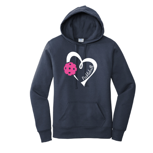 Pickleball Design: Heart with Pickleball  Women's Hooded pullover Sweatshirt  Turn up the volume in this Women's Sweatshirts with its perfect mix of softness and attitude. Ultra soft lined inside with a lined hood also. This is fitted nicely for a women's figure. Front pouch pocket.