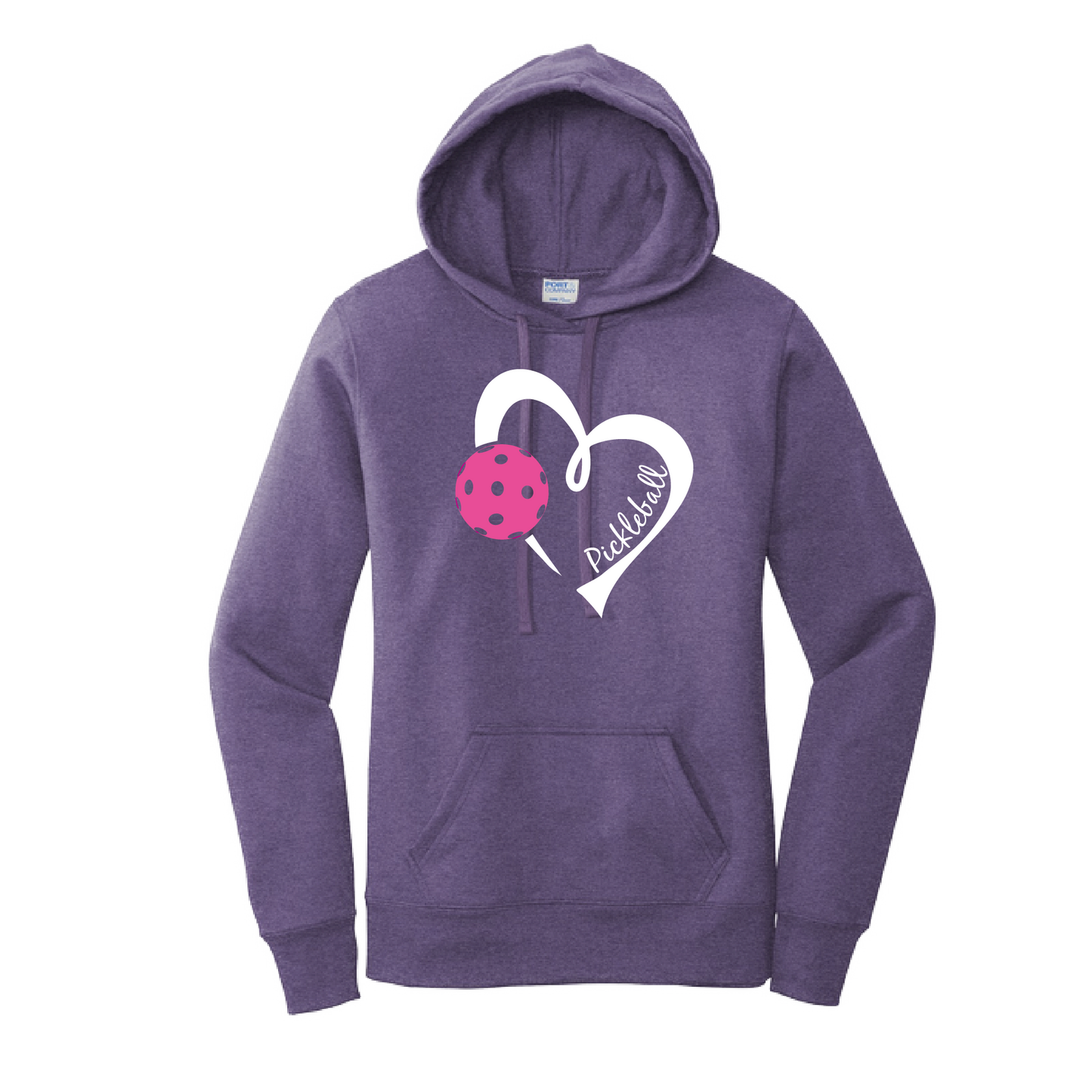 Pickleball Design: Heart with Pickleball  Women's Hooded pullover Sweatshirt  Turn up the volume in this Women's Sweatshirts with its perfect mix of softness and attitude. Ultra soft lined inside with a lined hood also. This is fitted nicely for a women's figure. Front pouch pocket.