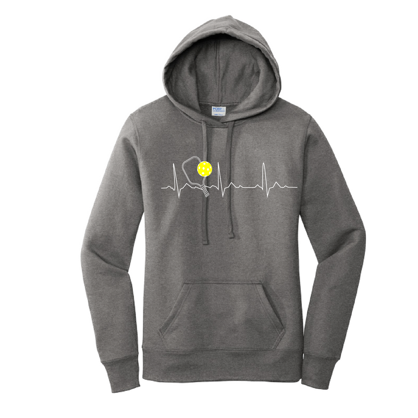 Pickleball Design: Heartbeat  Women's Hooded pullover Sweatshirt  Turn up the volume in this Women's Sweatshirts with its perfect mix of softness and attitude. Ultra soft lined inside with a lined hood also. This is fitted nicely for a women's figure. Front pouch pocket.