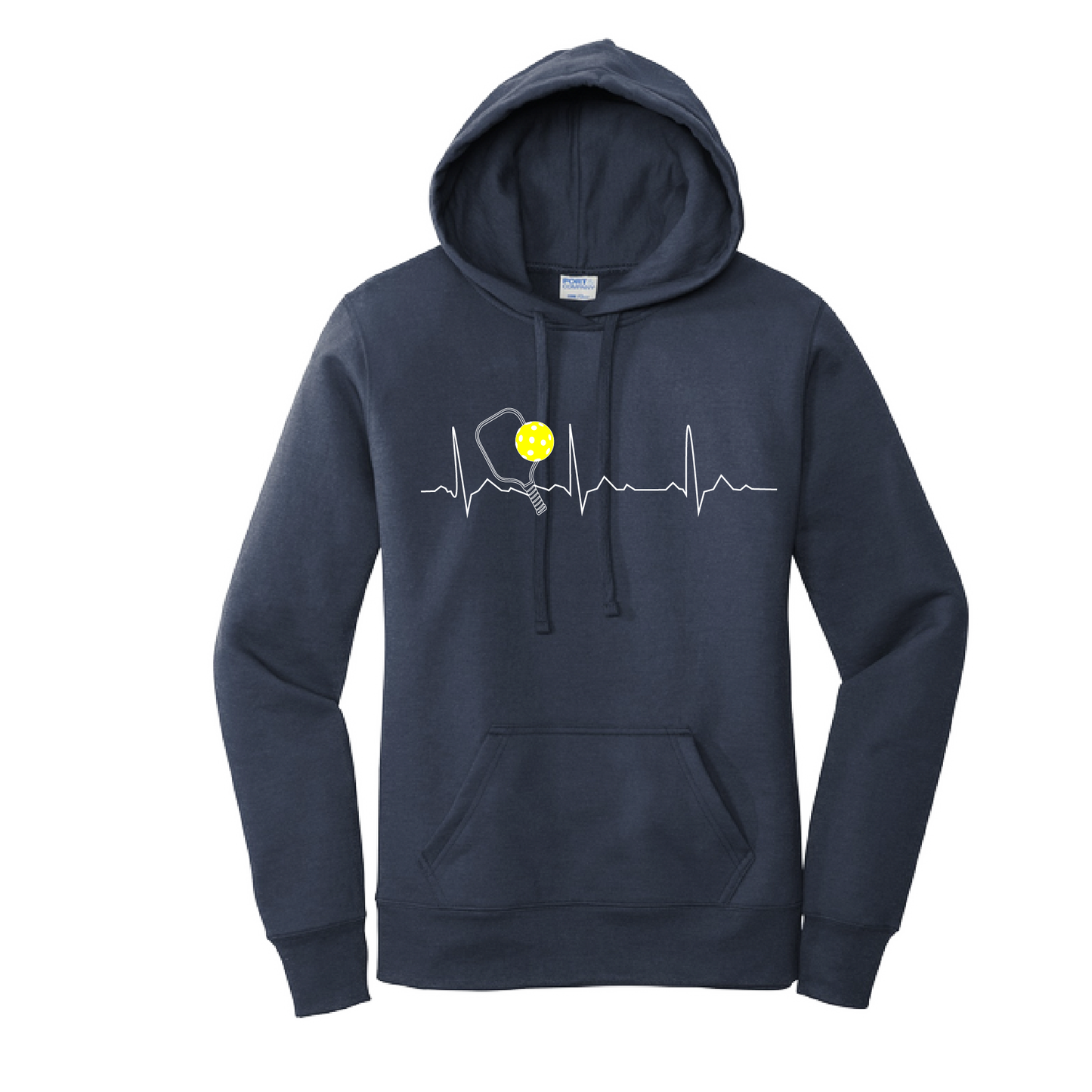 Pickleball Design: Heartbeat  Women's Hooded pullover Sweatshirt  Turn up the volume in this Women's Sweatshirts with its perfect mix of softness and attitude. Ultra soft lined inside with a lined hood also. This is fitted nicely for a women's figure. Front pouch pocket.