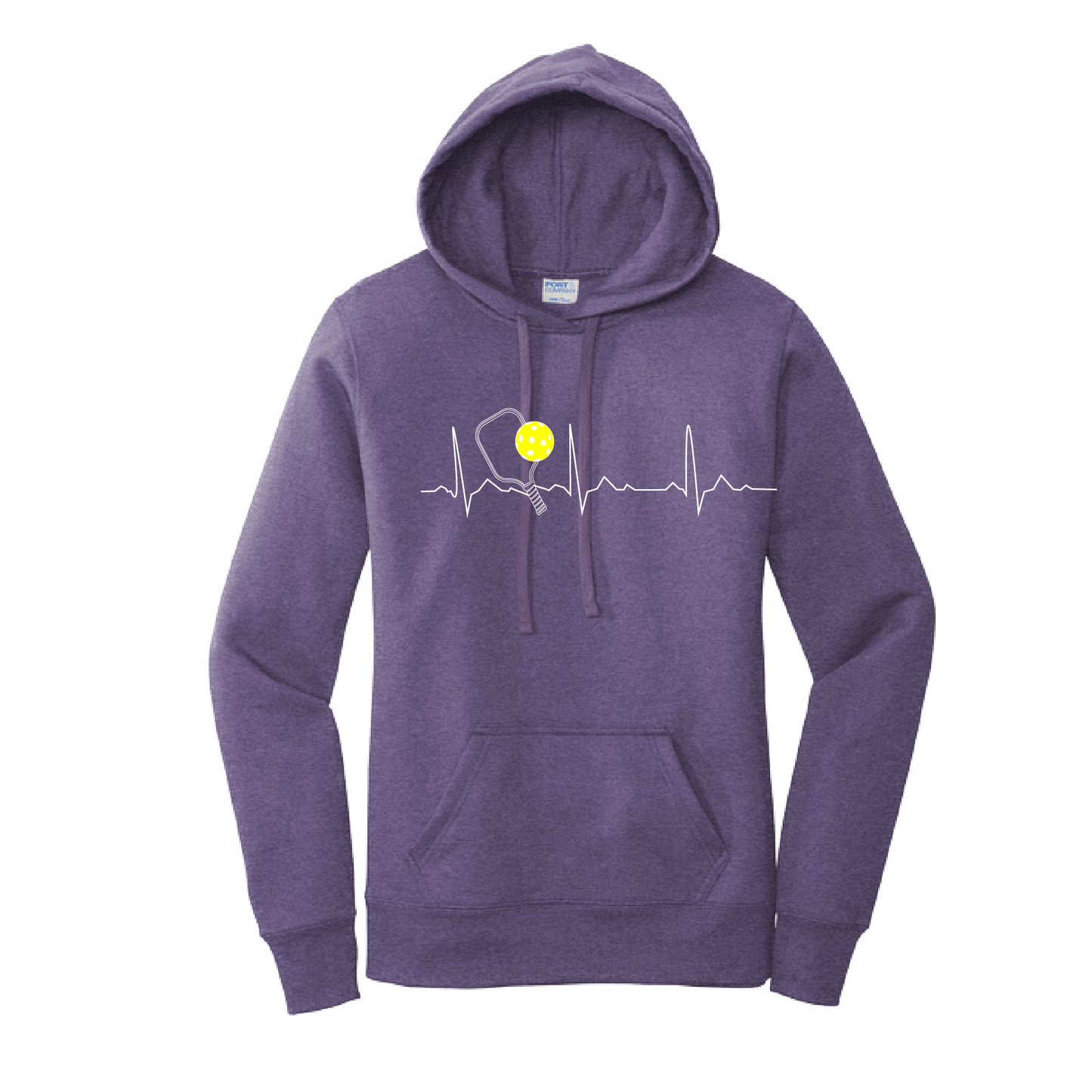 Pickleball Design: Heartbeat  Women's Hooded pullover Sweatshirt  Turn up the volume in this Women's Sweatshirts with its perfect mix of softness and attitude. Ultra soft lined inside with a lined hood also. This is fitted nicely for a women's figure. Front pouch pocket.