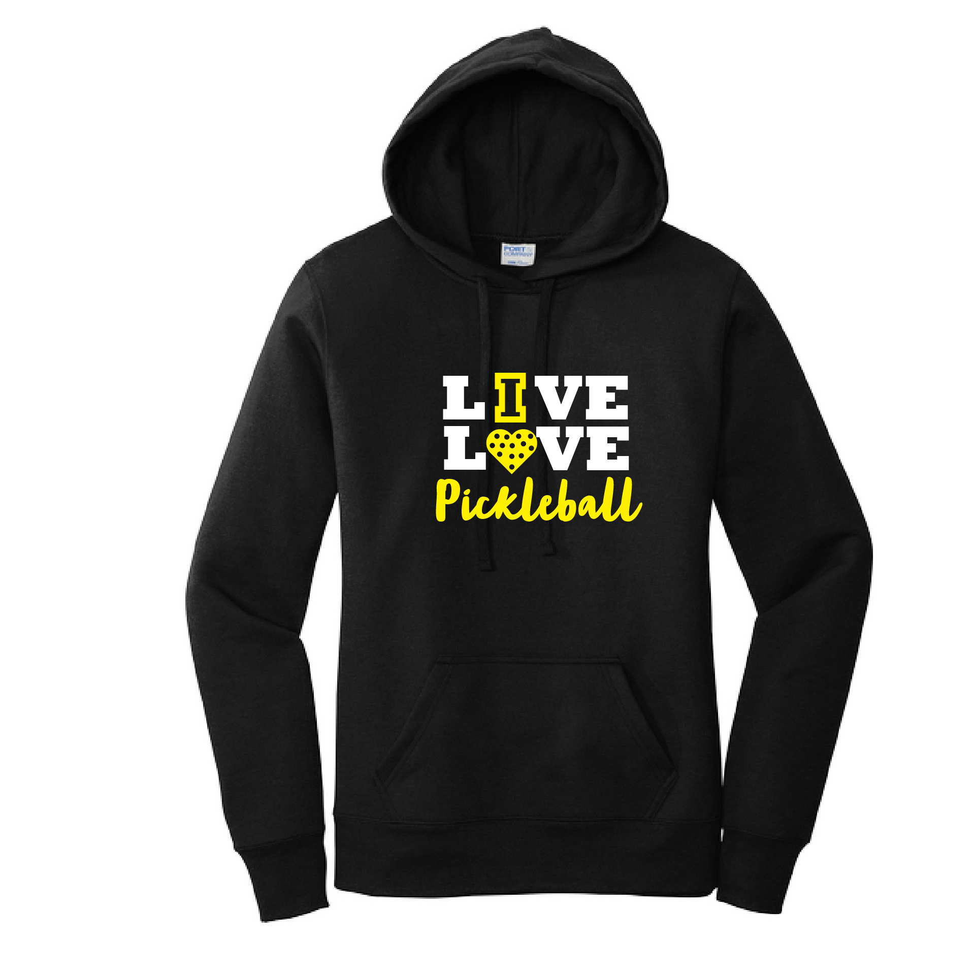 Pickleball Design: Live Love Pickleball  Women's Hooded pullover Sweatshirt  Turn up the volume in this Women's Sweatshirts with its perfect mix of softness and attitude. Ultra soft lined inside with a lined hood also. This is fitted nicely for a women's figure. Front pouch pocket.