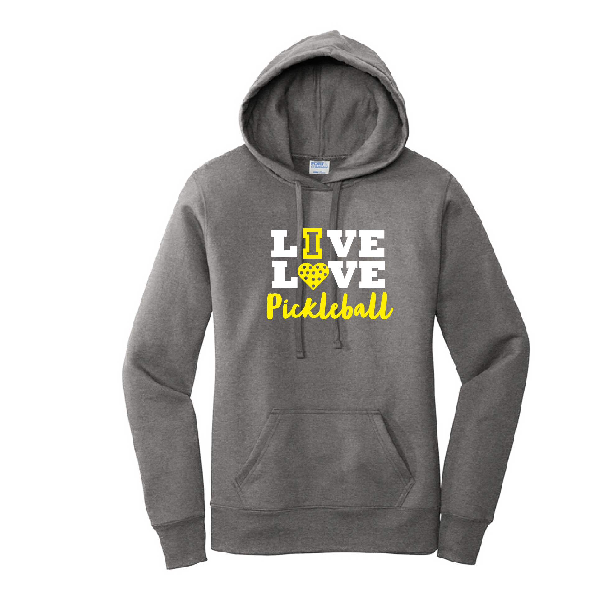 Pickleball Design: Live Love Pickleball  Women's Hooded pullover Sweatshirt  Turn up the volume in this Women's Sweatshirts with its perfect mix of softness and attitude. Ultra soft lined inside with a lined hood also. This is fitted nicely for a women's figure. Front pouch pocket.