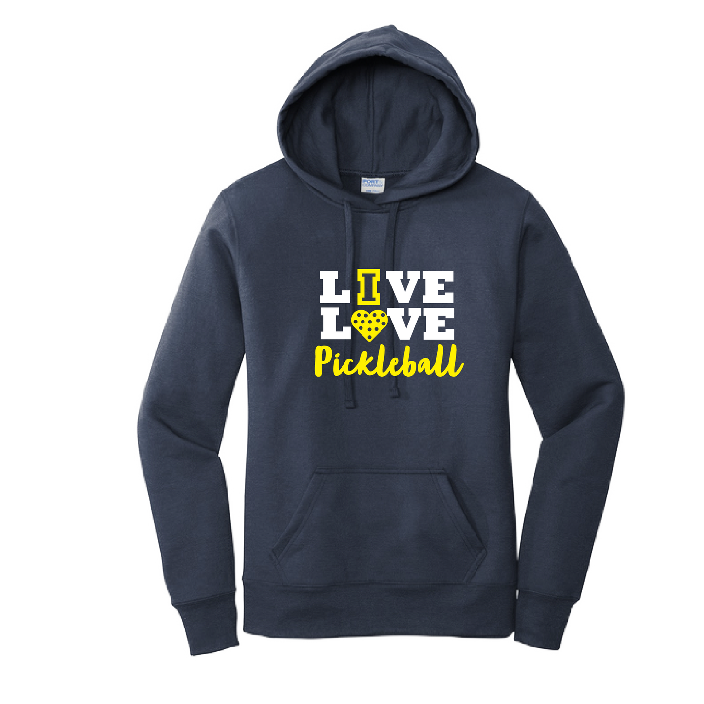 Pickleball Design: Live Love Pickleball  Women's Hooded pullover Sweatshirt  Turn up the volume in this Women's Sweatshirts with its perfect mix of softness and attitude. Ultra soft lined inside with a lined hood also. This is fitted nicely for a women's figure. Front pouch pocket.