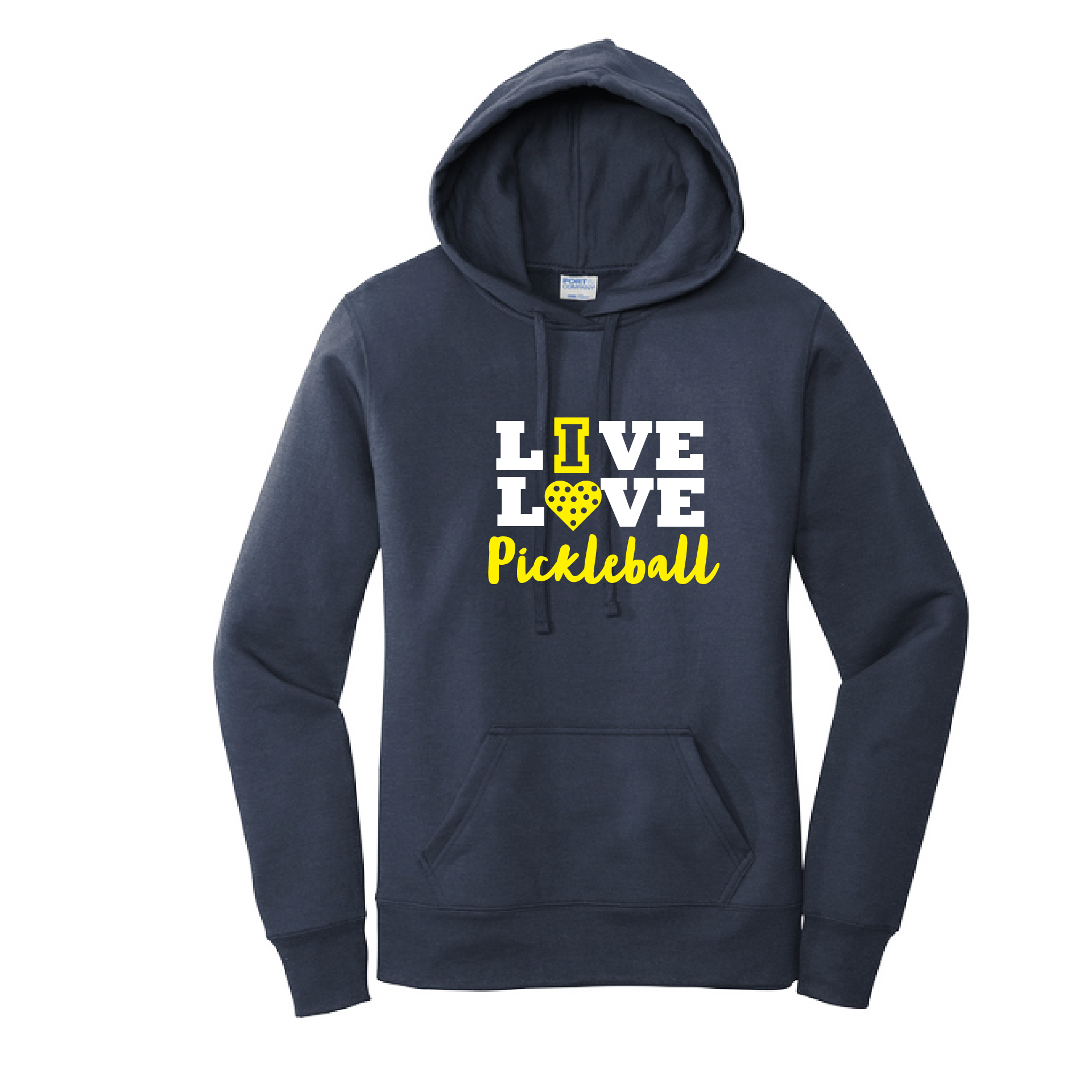 Pickleball Design: Live Love Pickleball  Women's Hooded pullover Sweatshirt  Turn up the volume in this Women's Sweatshirts with its perfect mix of softness and attitude. Ultra soft lined inside with a lined hood also. This is fitted nicely for a women's figure. Front pouch pocket.