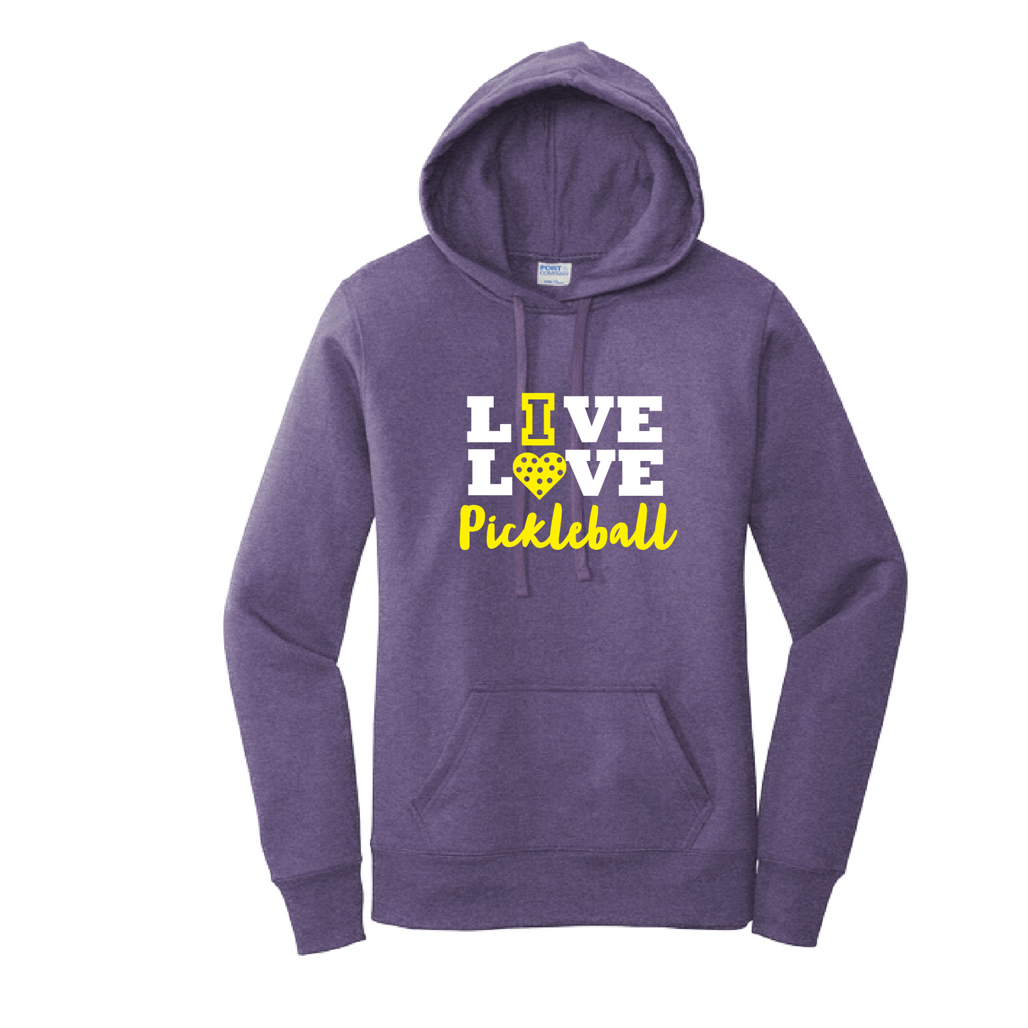 Pickleball Design: Live Love Pickleball  Women's Hooded pullover Sweatshirt  Turn up the volume in this Women's Sweatshirts with its perfect mix of softness and attitude. Ultra soft lined inside with a lined hood also. This is fitted nicely for a women's figure. Front pouch pocket.