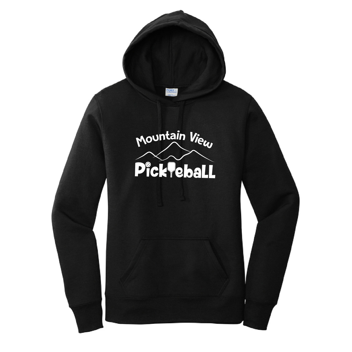 Pickleball Design: Mountain View Pickleball  Women's Hooded pullover Sweatshirt  Turn up the volume in this Women's Sweatshirts with its perfect mix of softness and attitude. Ultra soft lined inside with a lined hood also. This is fitted nicely for a women's figure. Front pouch pocket.