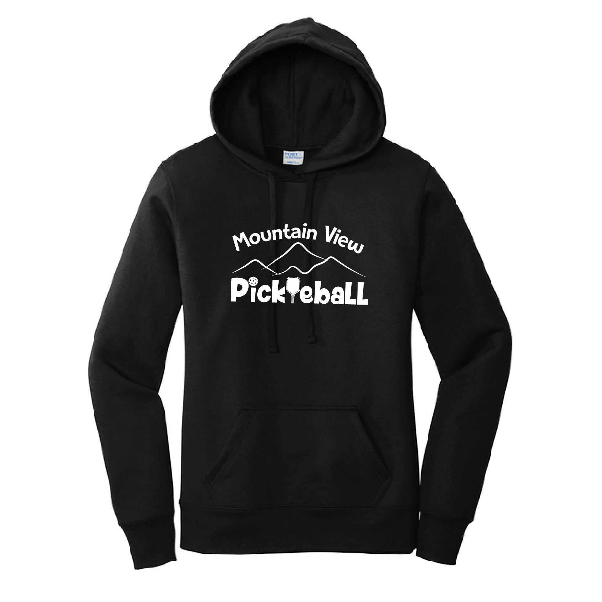 Pickleball Design: Mountain View Pickleball  Women's Hooded pullover Sweatshirt  Turn up the volume in this Women's Sweatshirts with its perfect mix of softness and attitude. Ultra soft lined inside with a lined hood also. This is fitted nicely for a women's figure. Front pouch pocket.