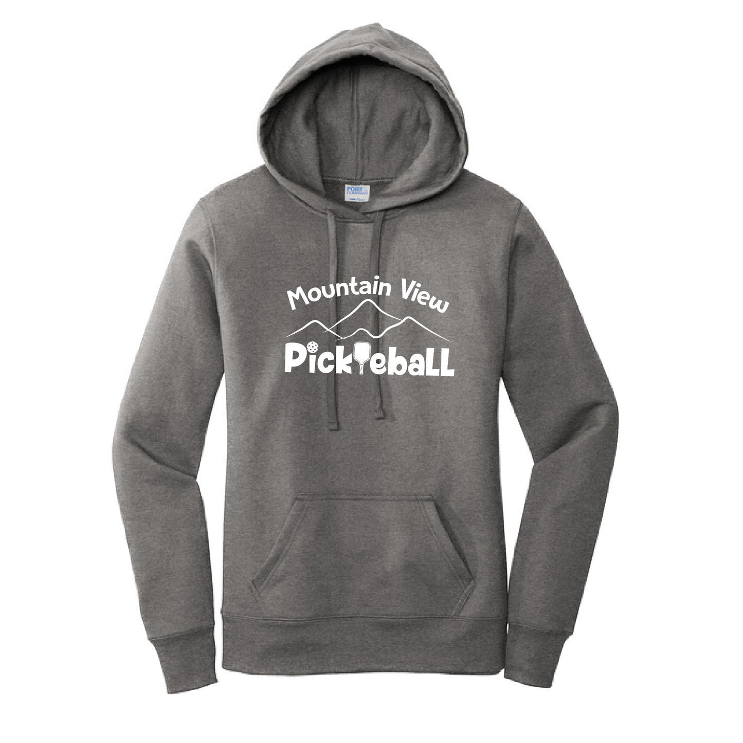 Pickleball Design: Mountain View Pickleball  Women's Hooded pullover Sweatshirt  Turn up the volume in this Women's Sweatshirts with its perfect mix of softness and attitude. Ultra soft lined inside with a lined hood also. This is fitted nicely for a women's figure. Front pouch pocket.