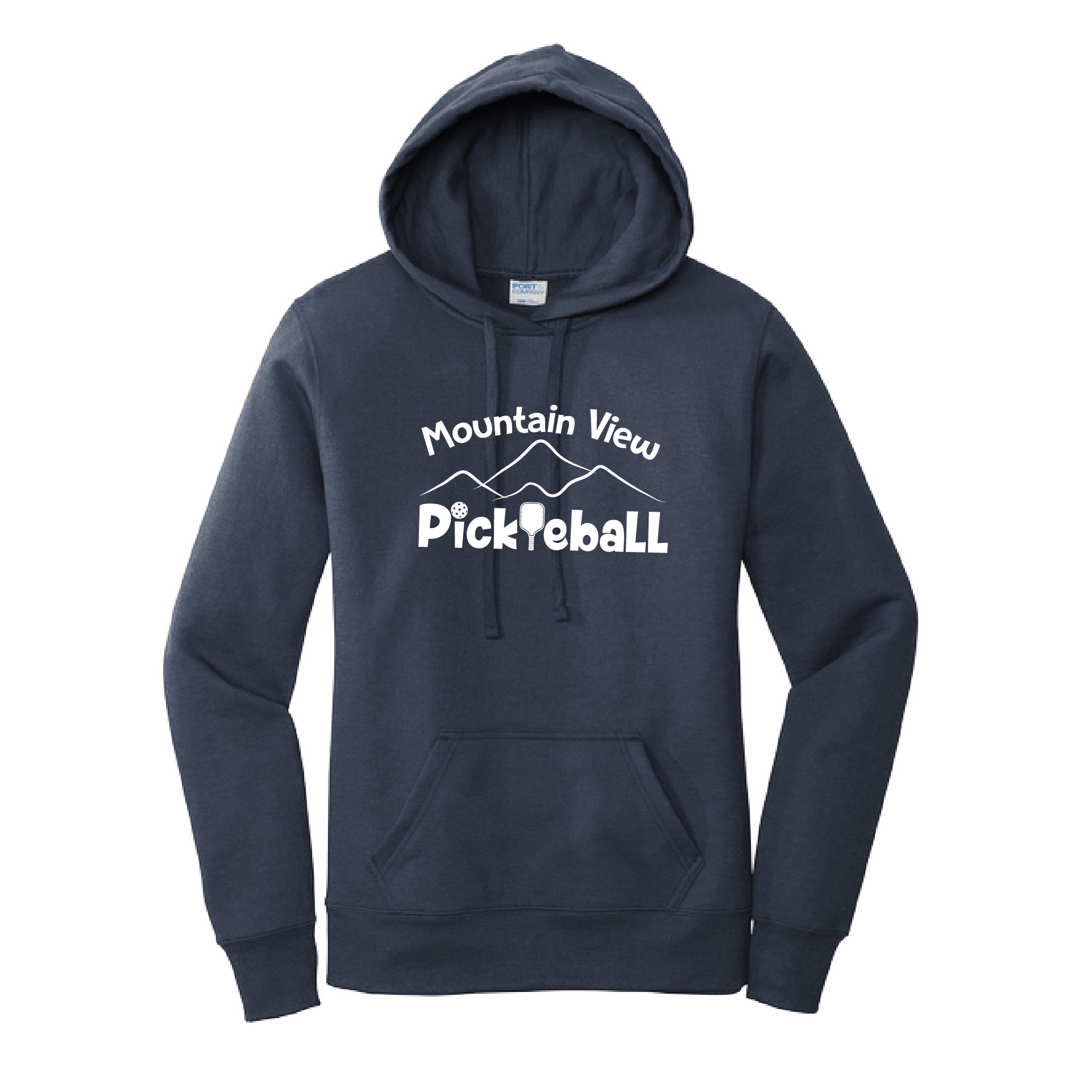 Pickleball Design: Mountain View Pickleball  Women's Hooded pullover Sweatshirt  Turn up the volume in this Women's Sweatshirts with its perfect mix of softness and attitude. Ultra soft lined inside with a lined hood also. This is fitted nicely for a women's figure. Front pouch pocket.