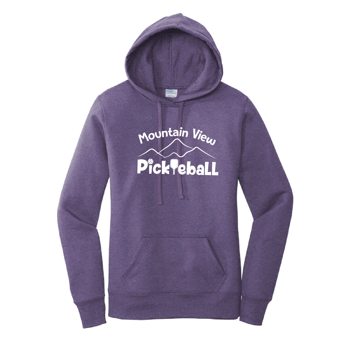 Pickleball Design: Mountain View Pickleball  Women's Hooded pullover Sweatshirt  Turn up the volume in this Women's Sweatshirts with its perfect mix of softness and attitude. Ultra soft lined inside with a lined hood also. This is fitted nicely for a women's figure. Front pouch pocket.