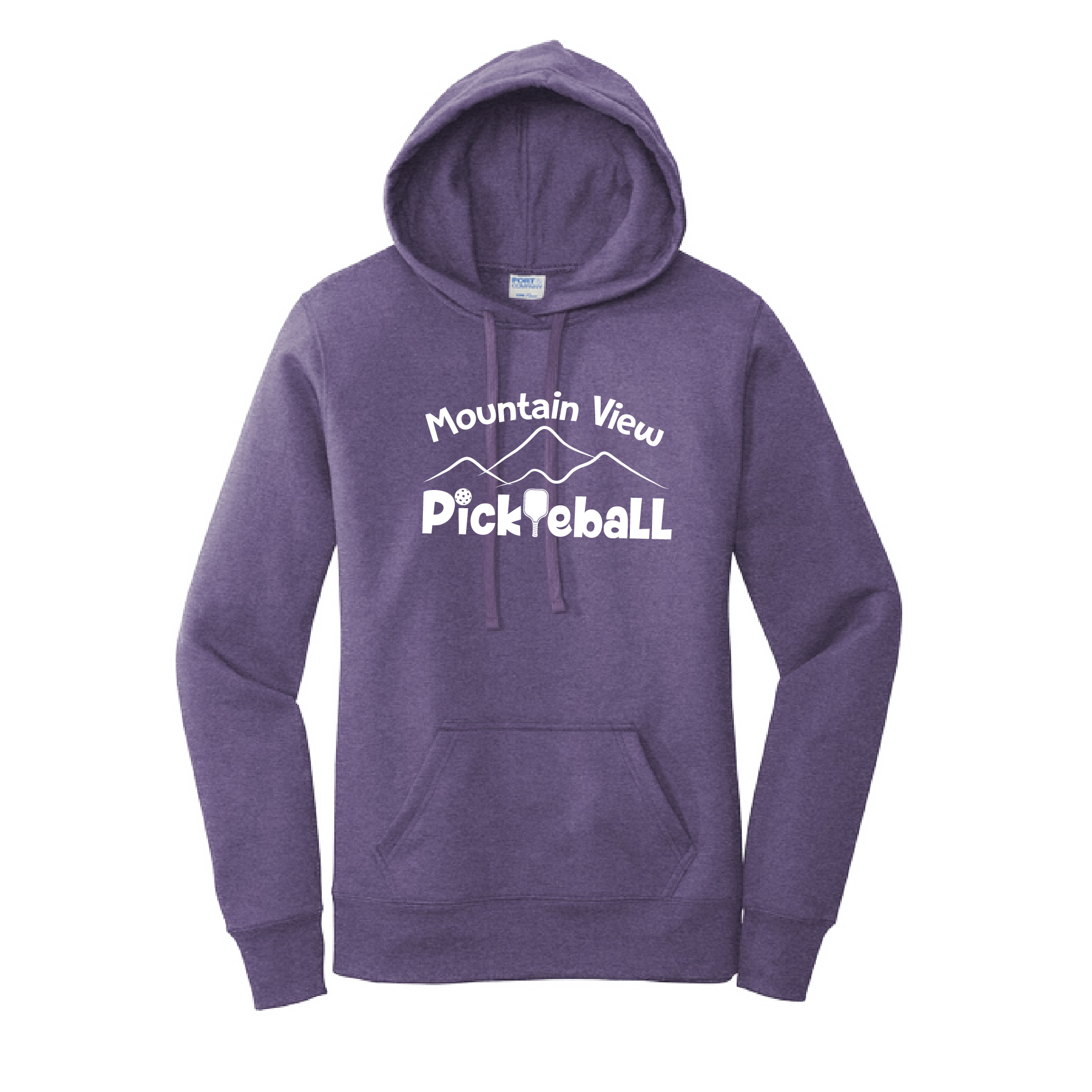 Pickleball Design: Mountain View Pickleball  Women's Hooded pullover Sweatshirt  Turn up the volume in this Women's Sweatshirts with its perfect mix of softness and attitude. Ultra soft lined inside with a lined hood also. This is fitted nicely for a women's figure. Front pouch pocket.