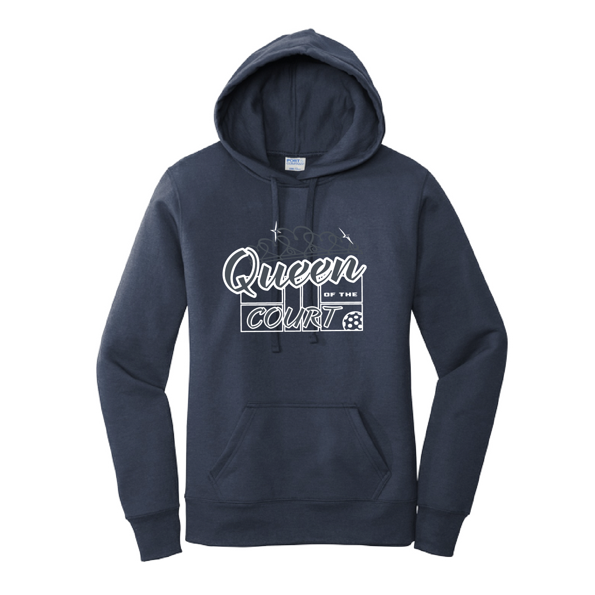 Pickleball Design: Queen of the Court  Women's Hooded pullover Sweatshirt  Turn up the volume in this Women's Sweatshirts with its perfect mix of softness and attitude. Ultra soft lined inside with a lined hood also. This is fitted nicely for a women's figure. Front pouch pocket.