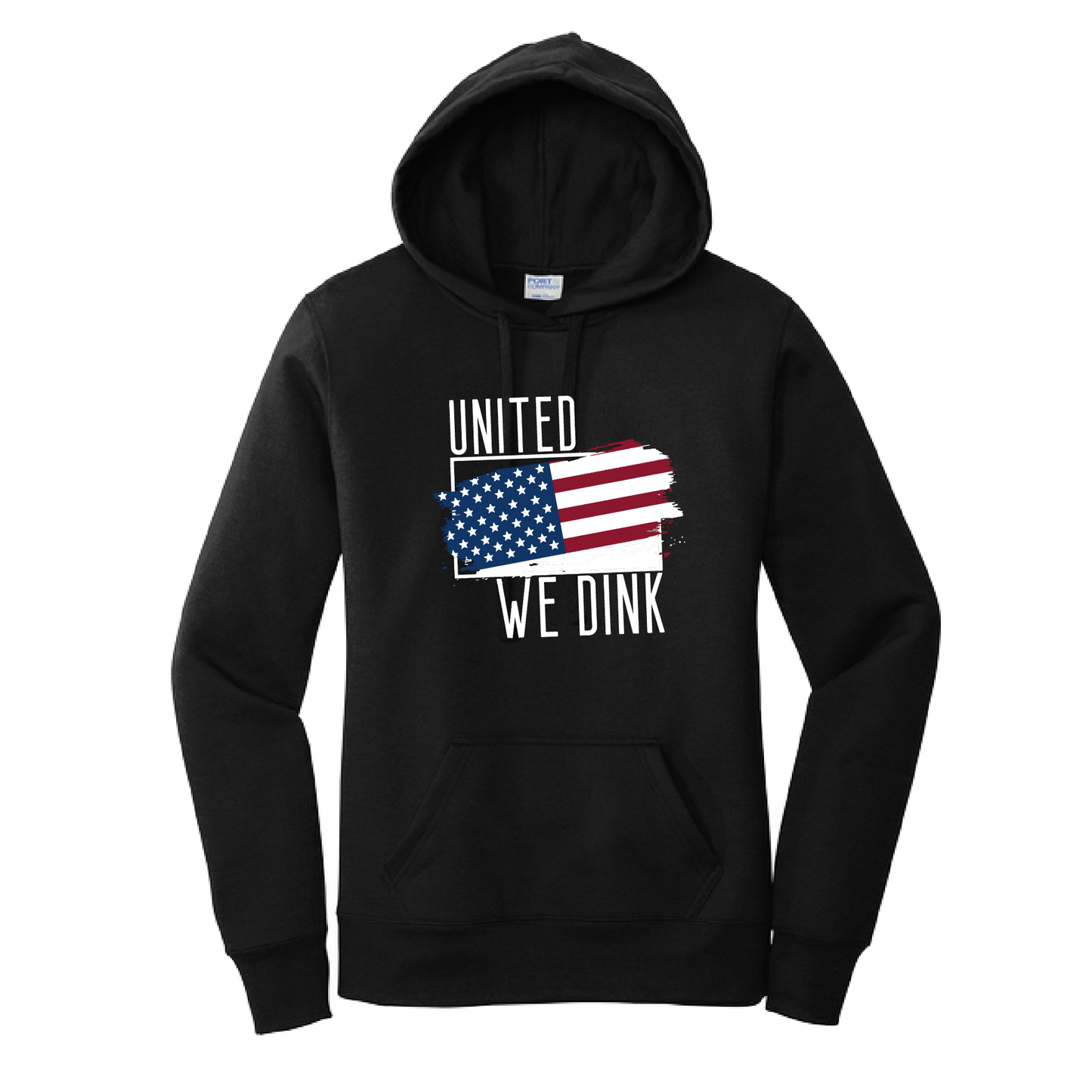 Pickleball Design: United We Dink.   Women's Hooded pullover Sweatshirt  Turn up the volume in this Women's Sweatshirts with its perfect mix of softness and attitude. Ultra soft lined inside with a lined hood also. This is fitted nicely for a women's figure. Front pouch pocket.