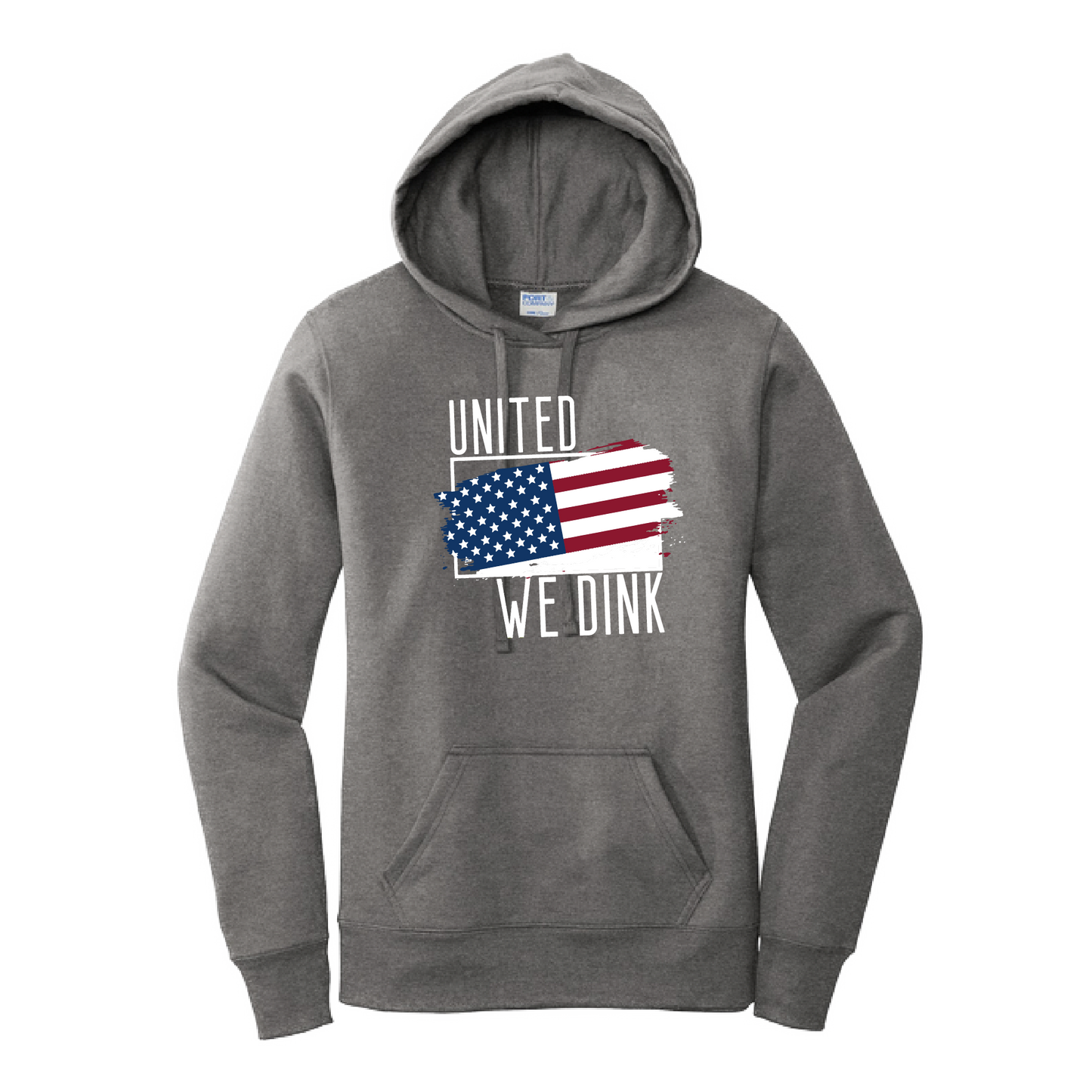 Pickleball Design: United We Dink.   Women's Hooded pullover Sweatshirt  Turn up the volume in this Women's Sweatshirts with its perfect mix of softness and attitude. Ultra soft lined inside with a lined hood also. This is fitted nicely for a women's figure. Front pouch pocket.