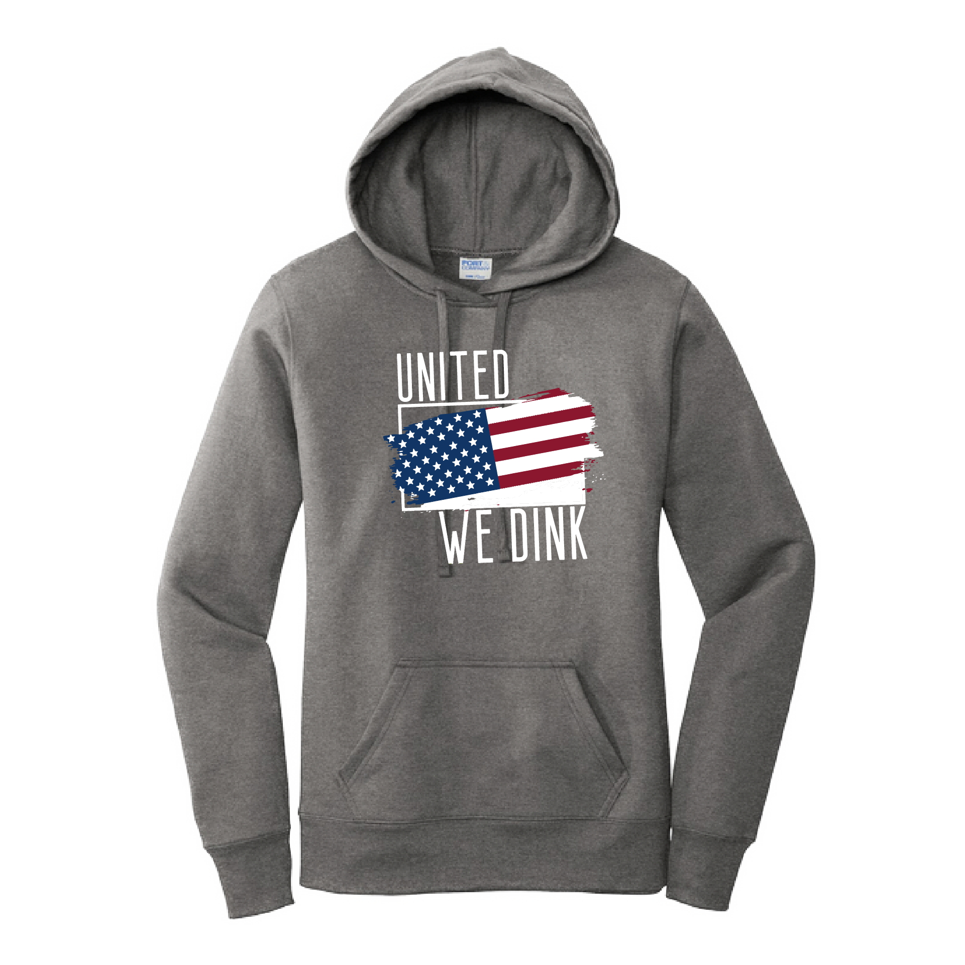 Pickleball Design: United We Dink.   Women's Hooded pullover Sweatshirt  Turn up the volume in this Women's Sweatshirts with its perfect mix of softness and attitude. Ultra soft lined inside with a lined hood also. This is fitted nicely for a women's figure. Front pouch pocket.