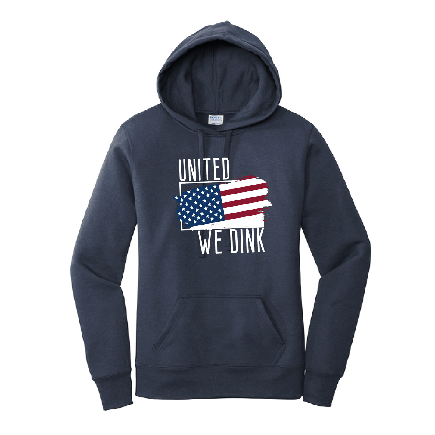 Pickleball Design: United We Dink.   Women's Hooded pullover Sweatshirt  Turn up the volume in this Women's Sweatshirts with its perfect mix of softness and attitude. Ultra soft lined inside with a lined hood also. This is fitted nicely for a women's figure. Front pouch pocket.