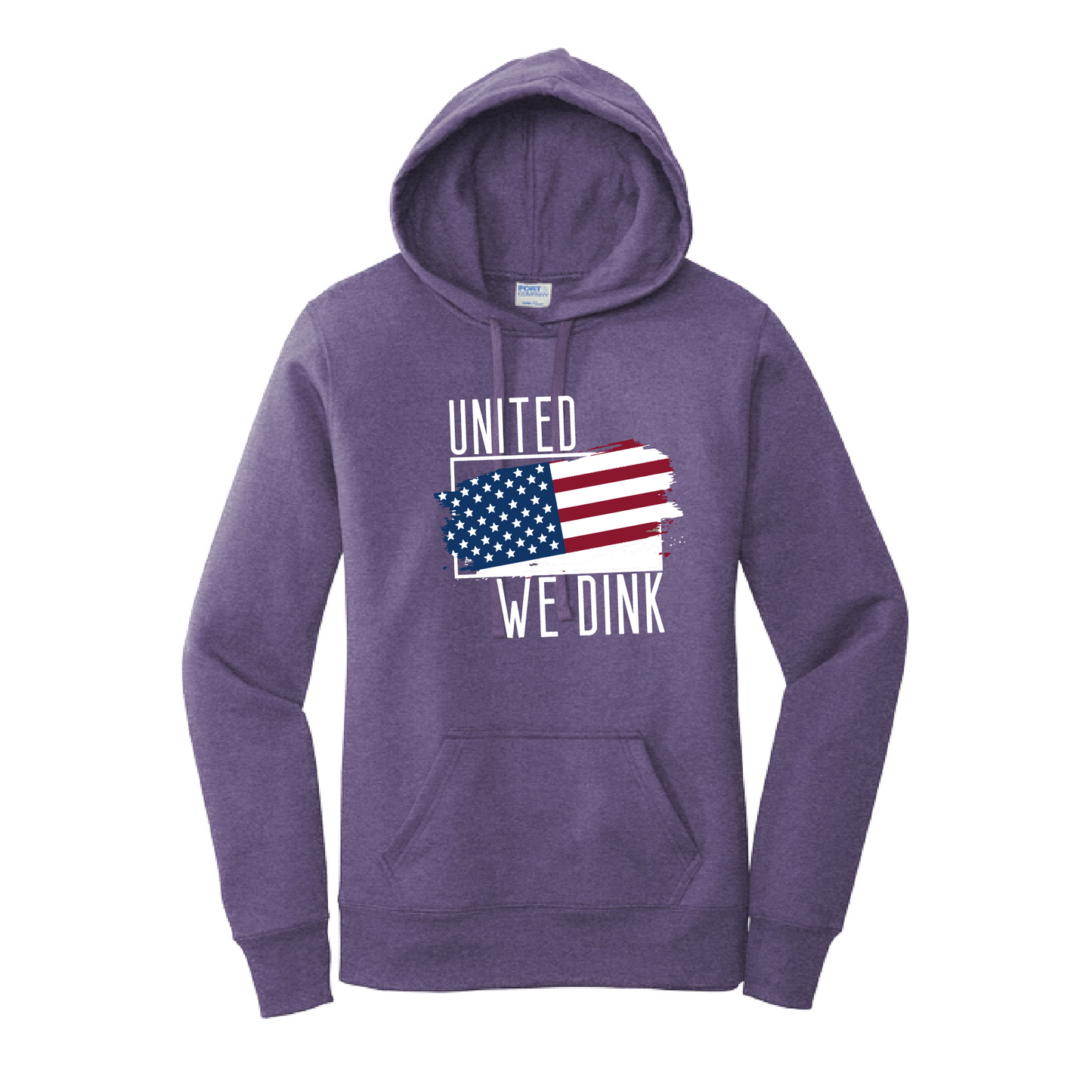 Pickleball Design: United We Dink.   Women's Hooded pullover Sweatshirt  Turn up the volume in this Women's Sweatshirts with its perfect mix of softness and attitude. Ultra soft lined inside with a lined hood also. This is fitted nicely for a women's figure. Front pouch pocket.